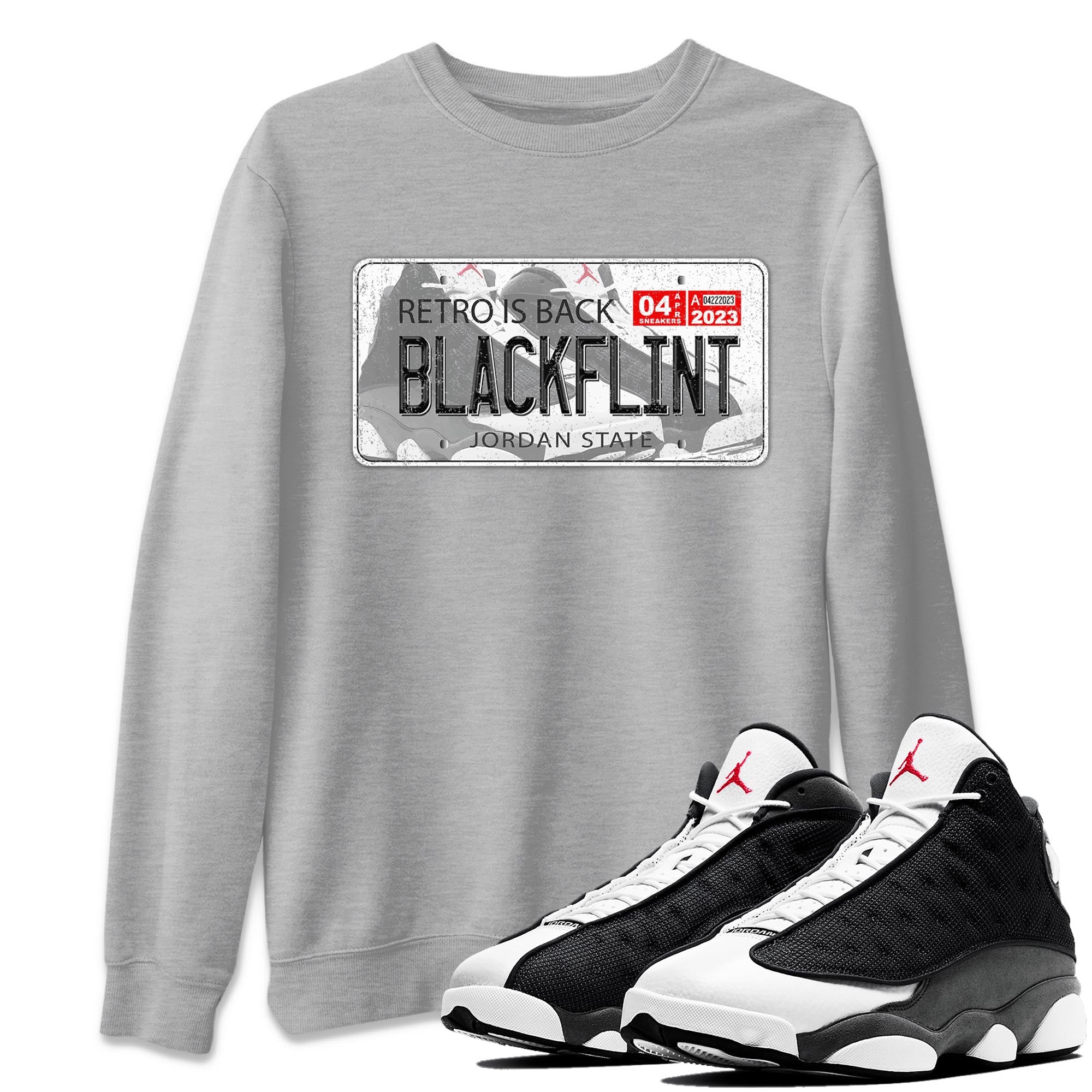 Air Jordan 13 Black Flint Sneaker Match Tees Jordan Plate Streetwear Sneaker Shirt AJ 13s Black Flint Sneaker Release Tees Unisex Shirts Heather Grey 1