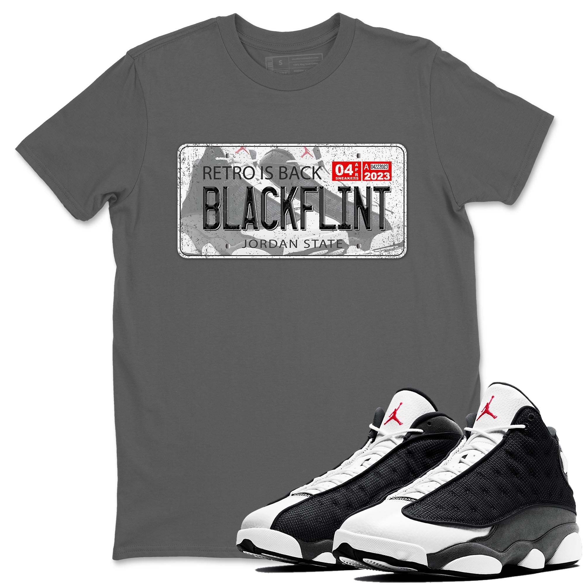 Air Jordan 13 Black Flint Jordan Plate Crew Neck Streetwear Sneaker Shirt AJ 13s Black Flint Sneaker T-Shirts Size Chart