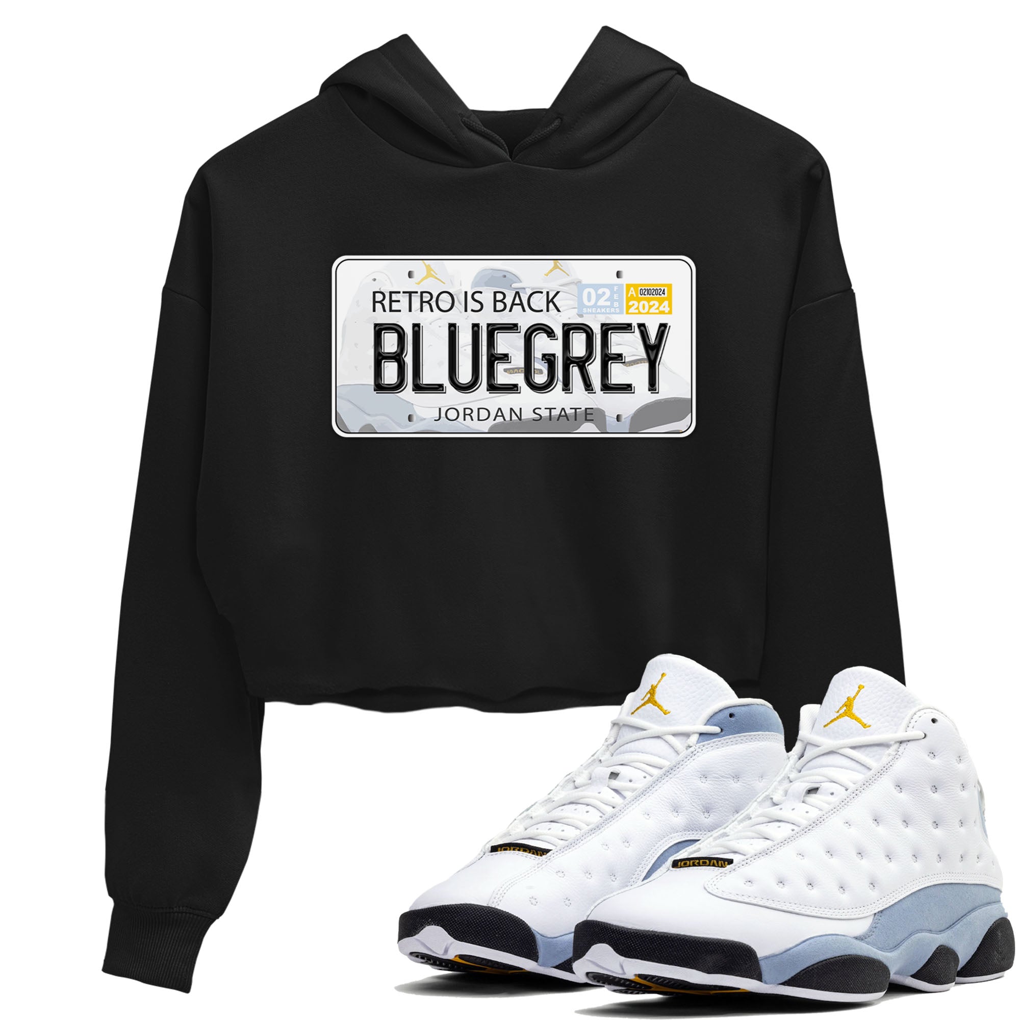 13s Blue Grey shirt to match jordans Jordan Plate sneaker tees Air Jordan 13 Blue Grey Drip Gear Zone Black 1 crop length shirt