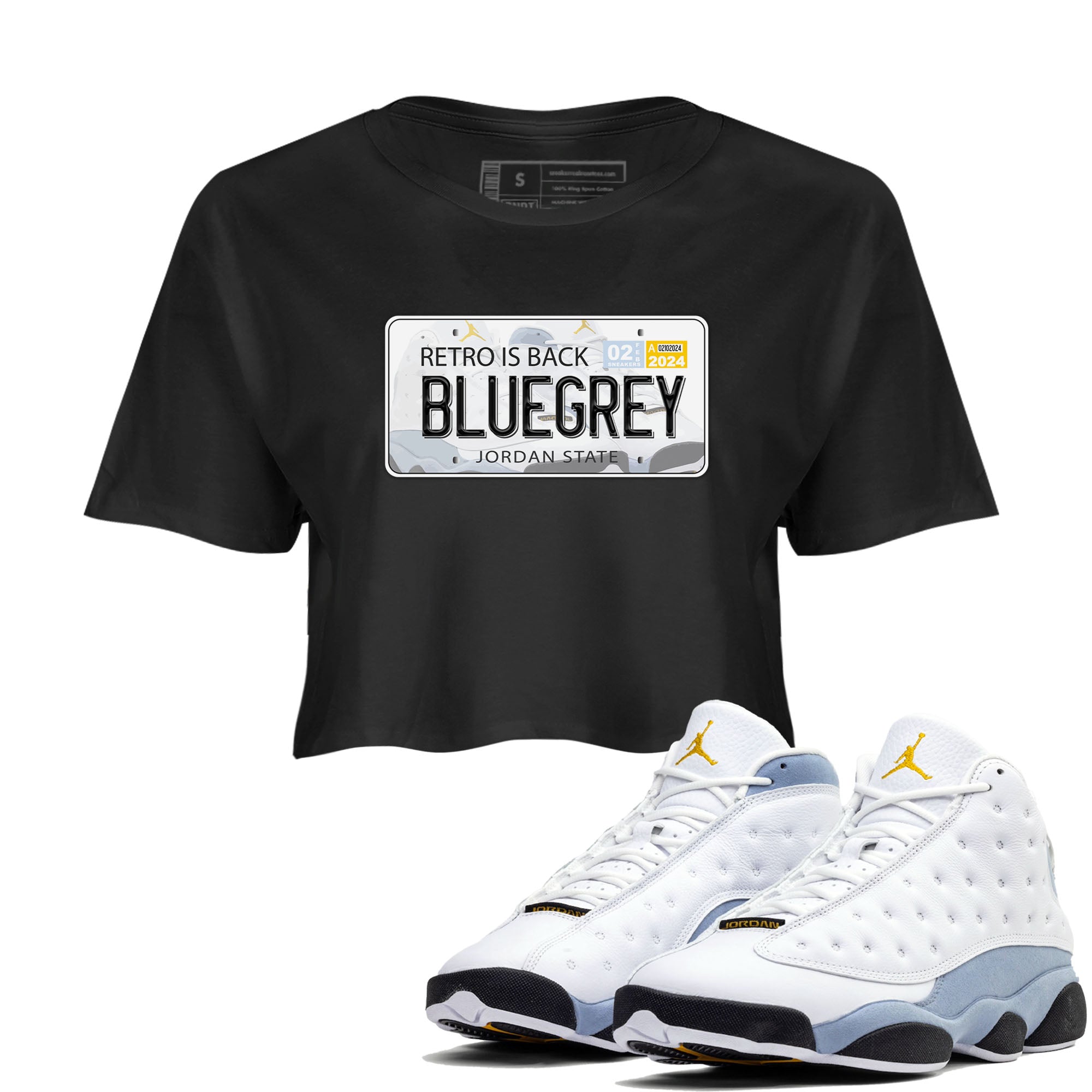 13s Blue Grey shirt to match jordans Jordan Plate sneaker tees Air Jordan 13 Blue Grey Drip Gear Zone Black 1 crop length shirt