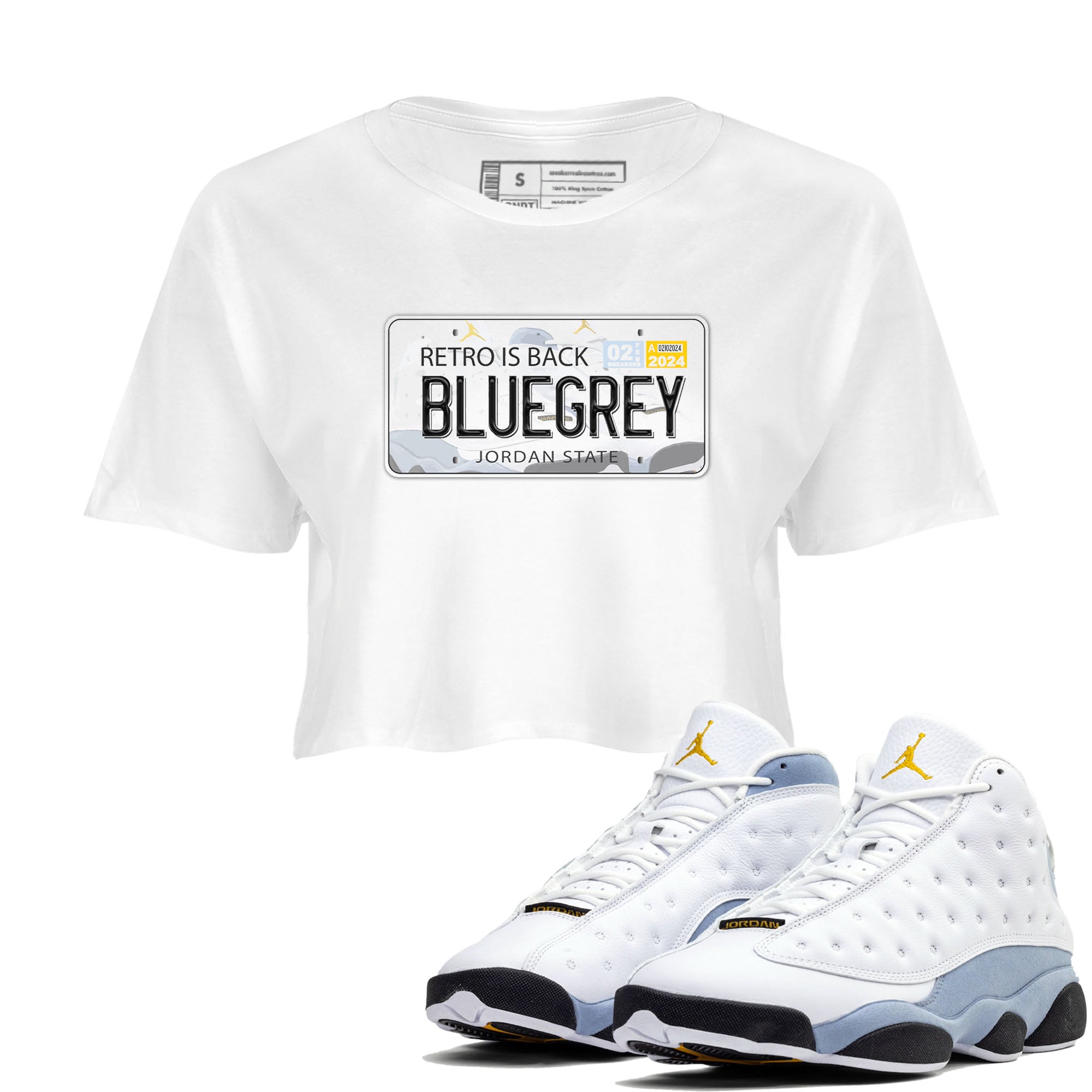 13s Blue Grey shirt to match jordans Jordan Plate sneaker tees Air Jordan 13 Blue Grey Drip Gear Zone White 1 crop length shirt