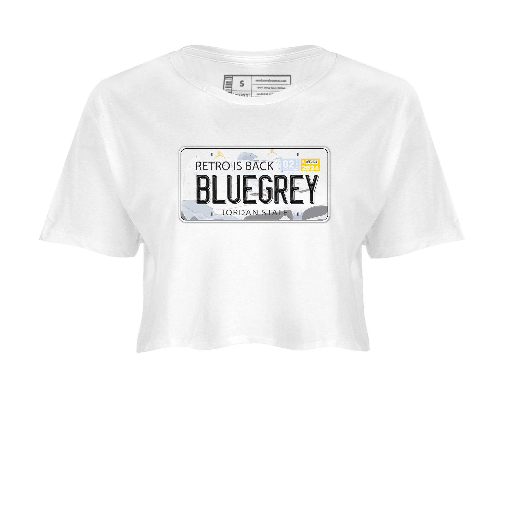 13s Blue Grey shirt to match jordans Jordan Plate sneaker tees Air Jordan 13 Blue Grey Drip Gear Zone White 2 crop length shirt