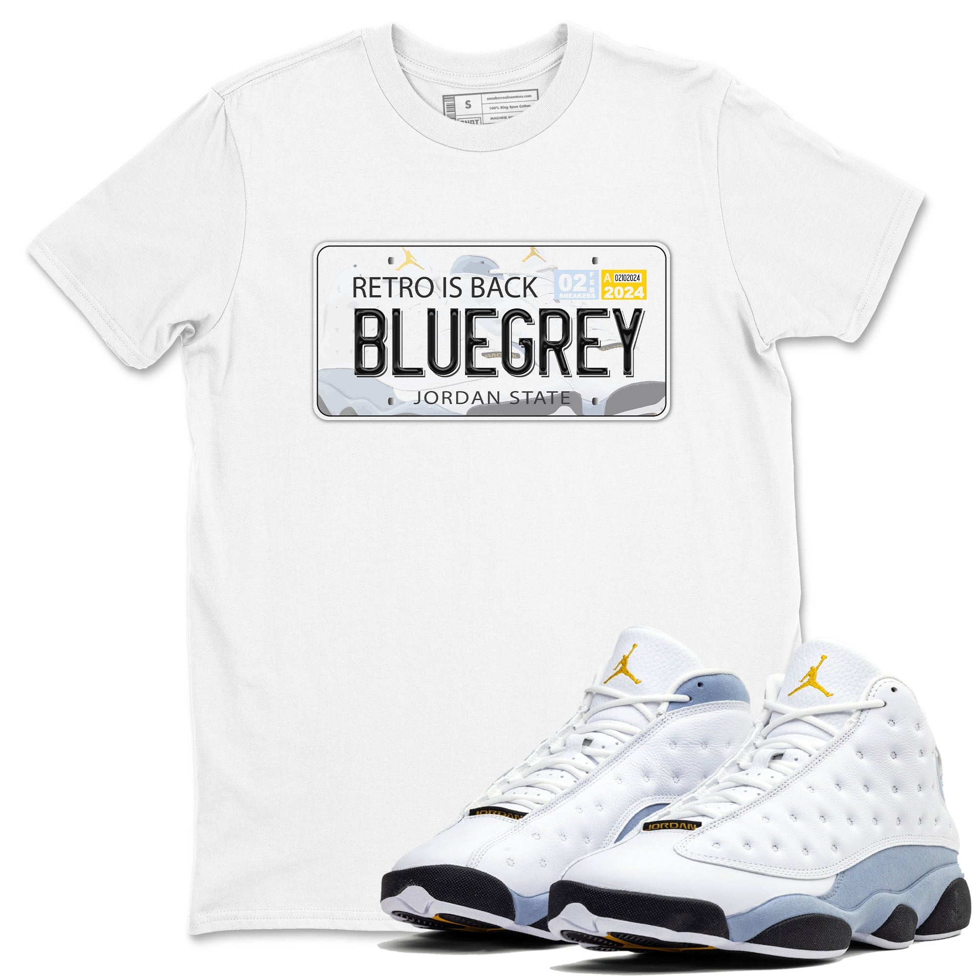 13s Blue Grey shirt to match jordans Jordan Plate sneaker tees Air Jordan 13 Blue Grey Drip Gear Zone unisex cotton White 1 crew neck shirt