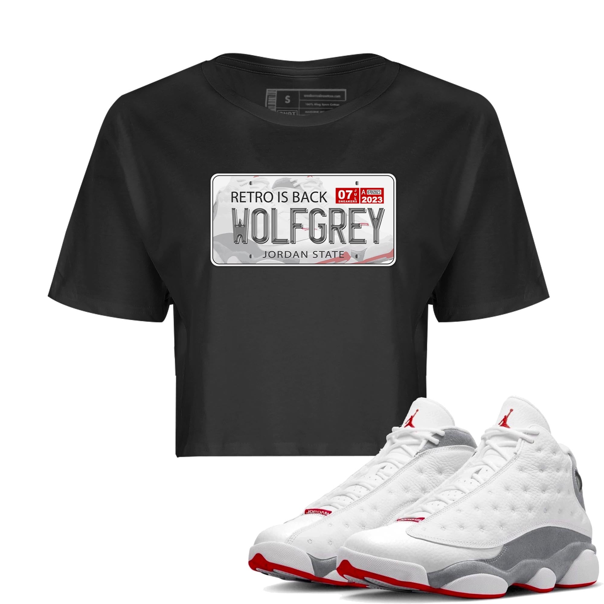 AJ13 Wolf Grey Sneaker Match Tees Jordan Plate Streetwear Sneaker Shirt Air Jordan 13 Wolf Grey Drip Gear Zone Sneaker Matching Clothing Women's Shirts Black 1