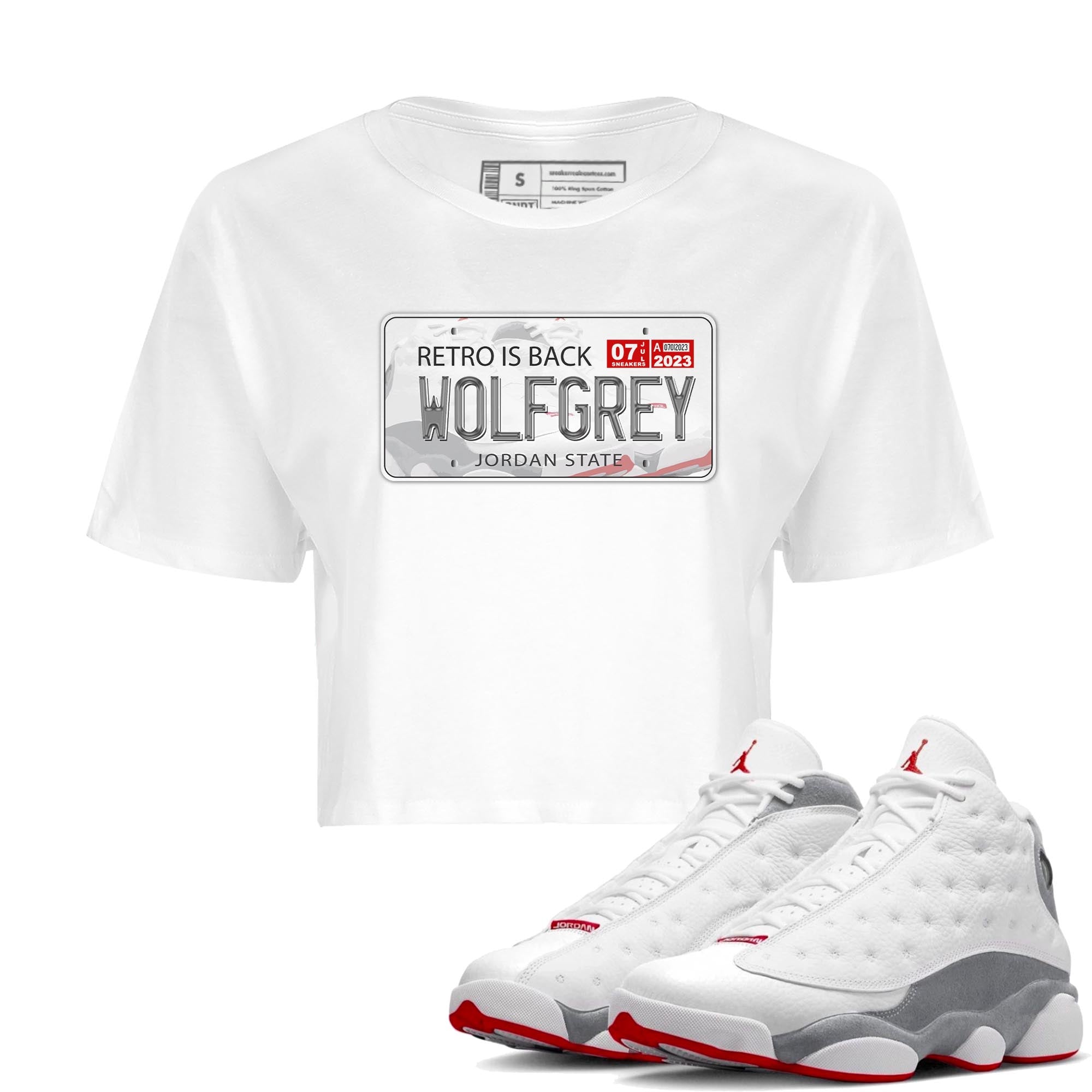 AJ13 Wolf Grey Sneaker Match Tees Jordan Plate Streetwear Sneaker Shirt Air Jordan 13 Wolf Grey Drip Gear Zone Sneaker Matching Clothing Women's Shirts White 1