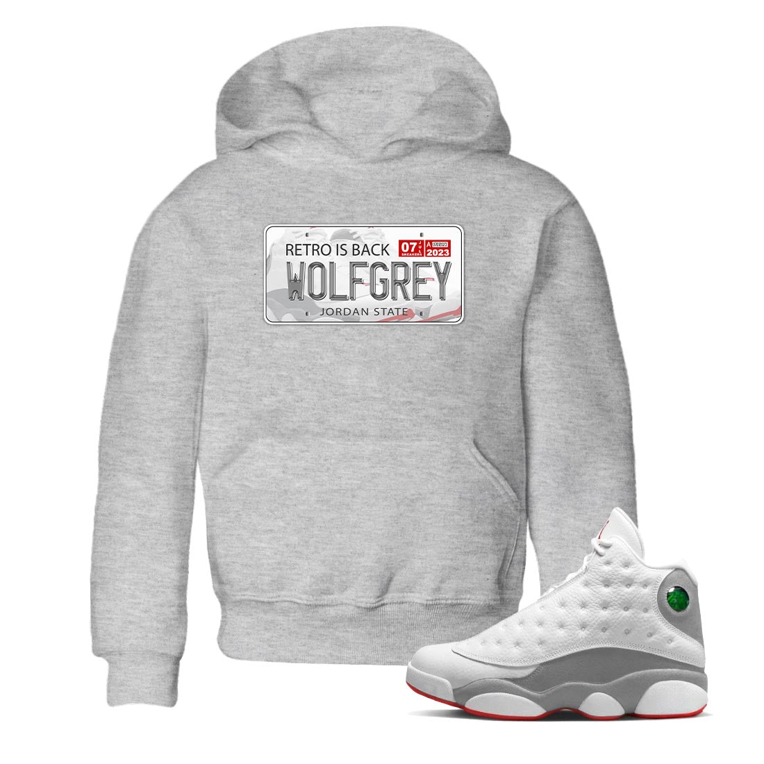 AJ13 Wolf Grey Sneaker Match Tees Jordan Plate Streetwear Sneaker Shirt Air Jordan 13 Wolf Grey Drip Gear Zone Sneaker Matching Clothing Kids Shirts Heather Grey 1