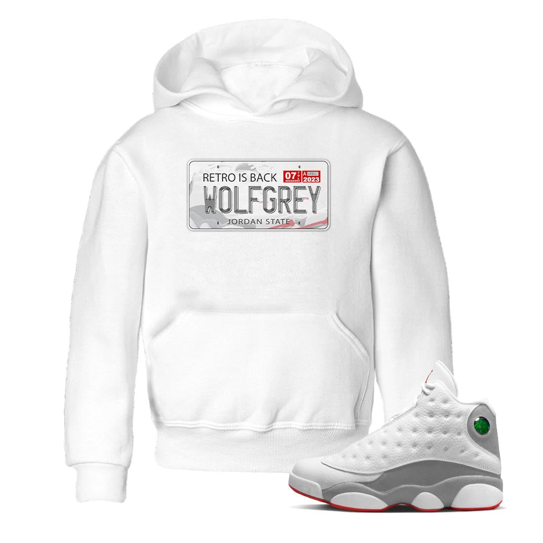 AJ13 Wolf Grey Sneaker Match Tees Jordan Plate Streetwear Sneaker Shirt Air Jordan 13 Wolf Grey Drip Gear Zone Sneaker Matching Clothing Kids Shirts White 1