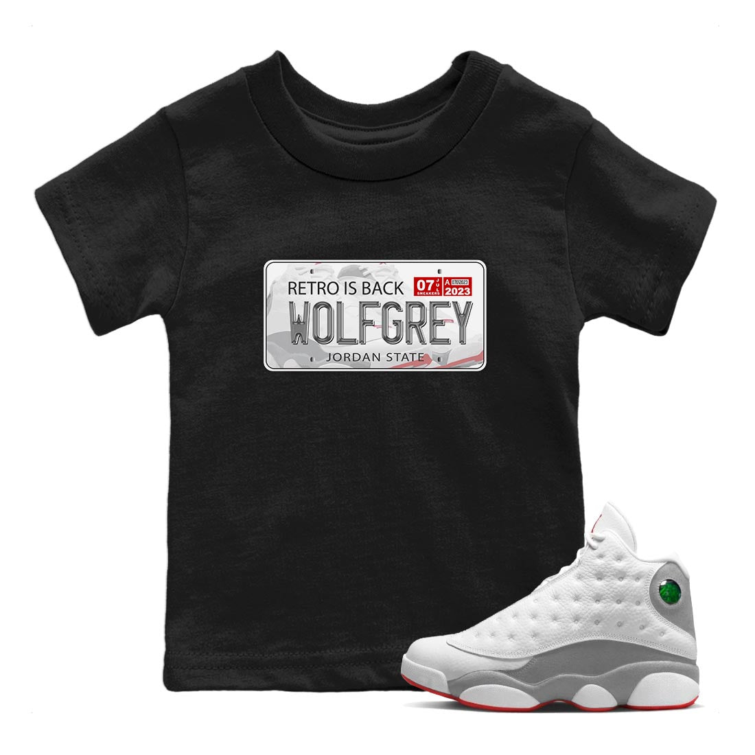 AJ13 Wolf Grey Sneaker Match Tees Jordan Plate Streetwear Sneaker Shirt Air Jordan 13 Wolf Grey Drip Gear Zone Sneaker Matching Clothing Kids Shirts Black 1