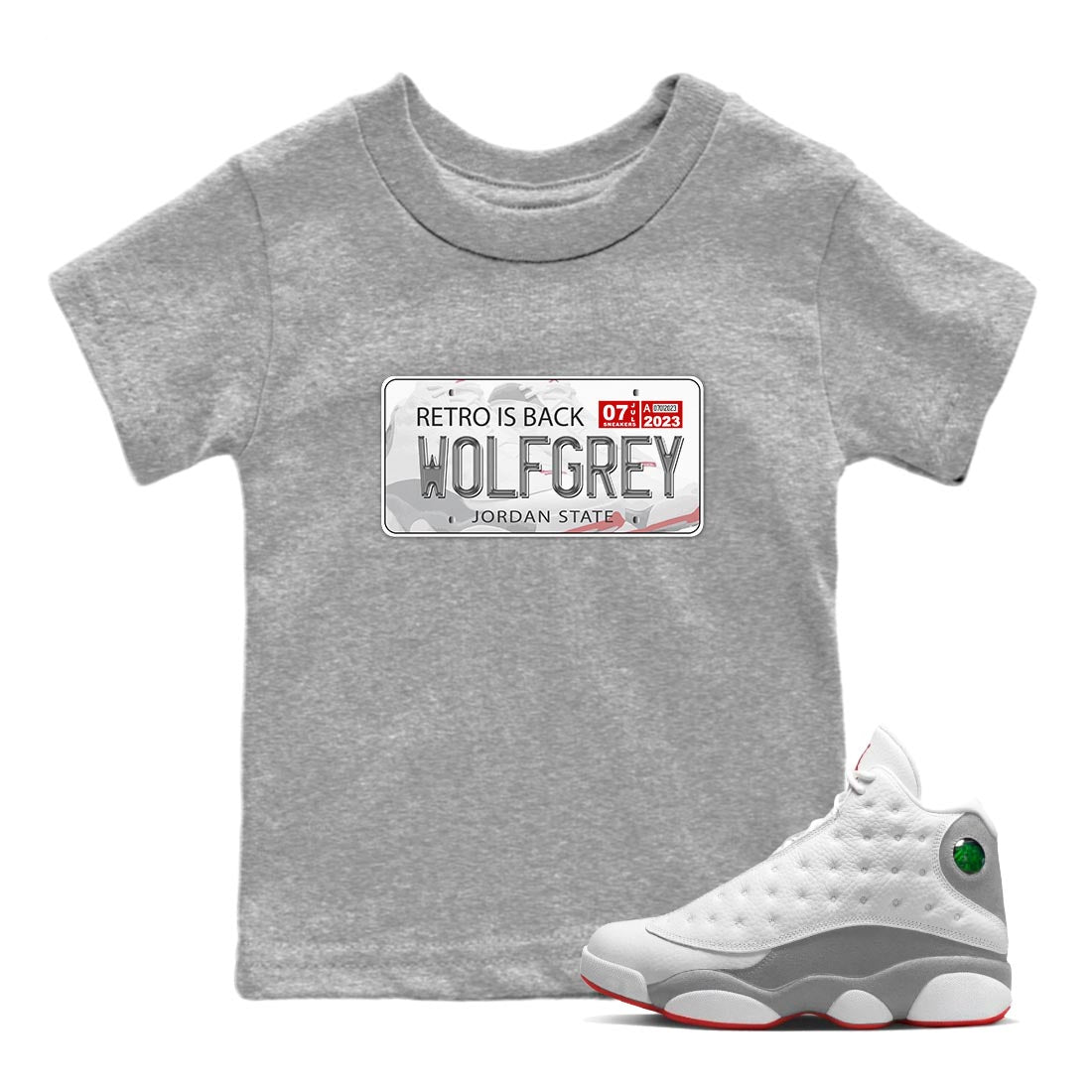AJ13 Wolf Grey Sneaker Match Tees Jordan Plate Streetwear Sneaker Shirt Air Jordan 13 Wolf Grey Drip Gear Zone Sneaker Matching Clothing Kids Shirts Heather Grey 1