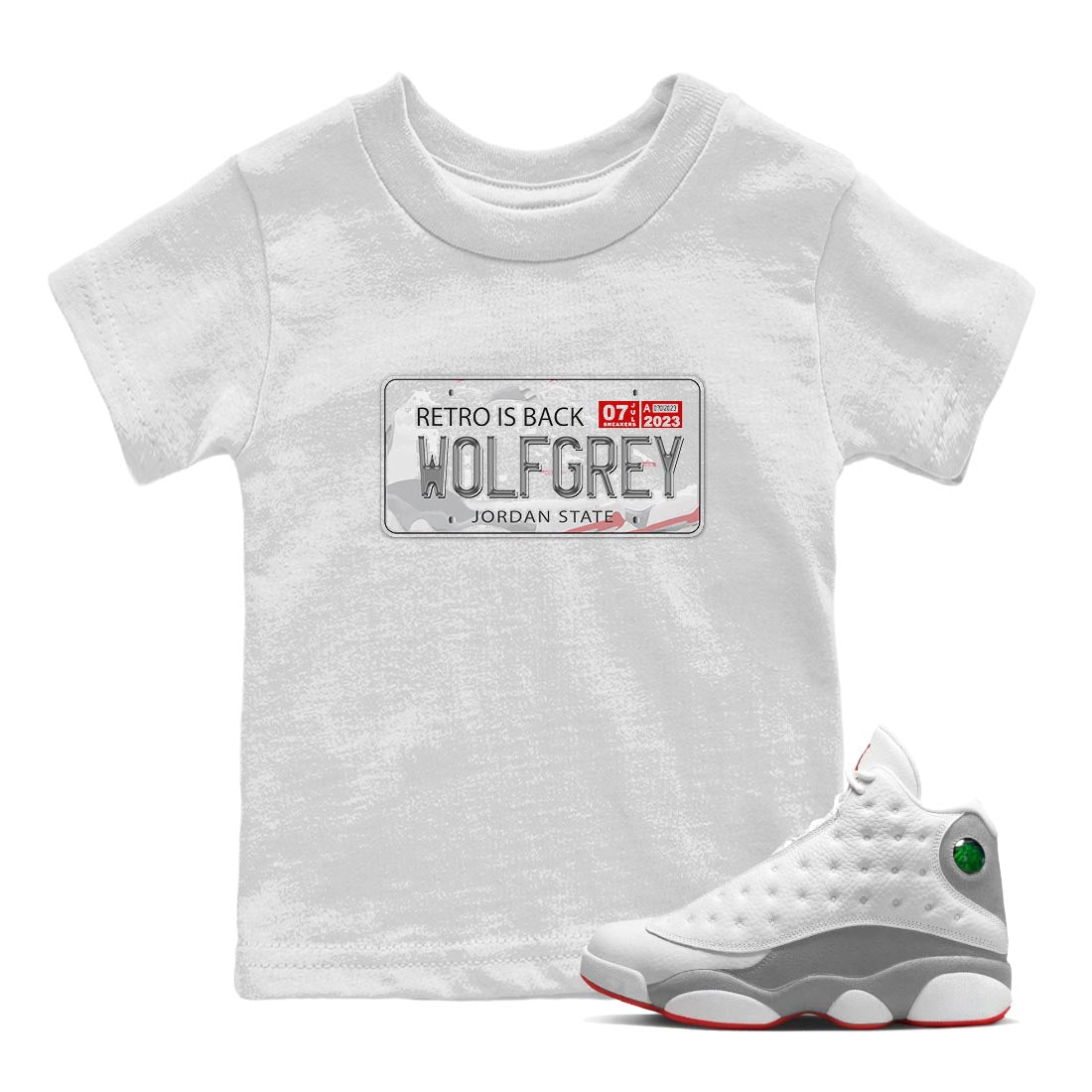 AJ13 Wolf Grey Sneaker Match Tees Jordan Plate Streetwear Sneaker Shirt Air Jordan 13 Wolf Grey Drip Gear Zone Sneaker Matching Clothing Kids Shirts White 1