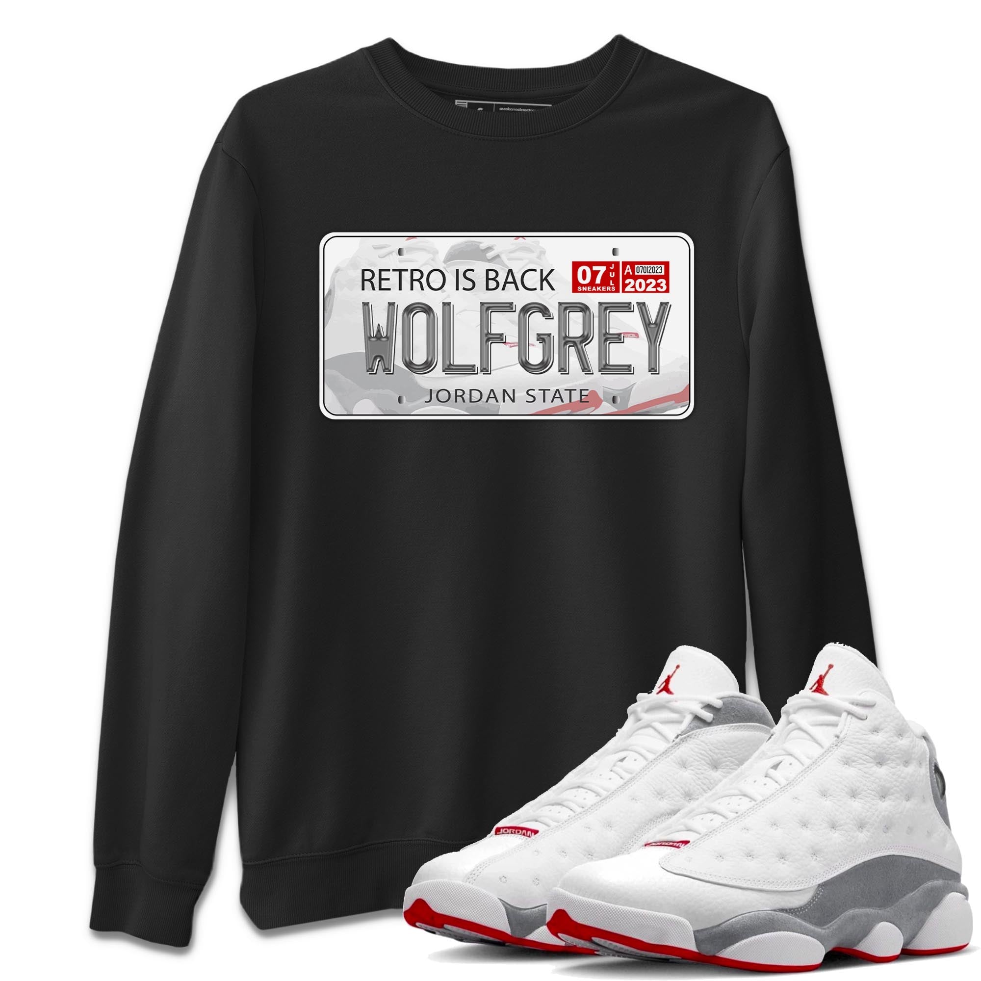 AJ13 Wolf Grey Sneaker Match Tees Jordan Plate Streetwear Sneaker Shirt Air Jordan 13 Wolf Grey Drip Gear Zone Sneaker Matching Clothing Unisex Shirts Black 1