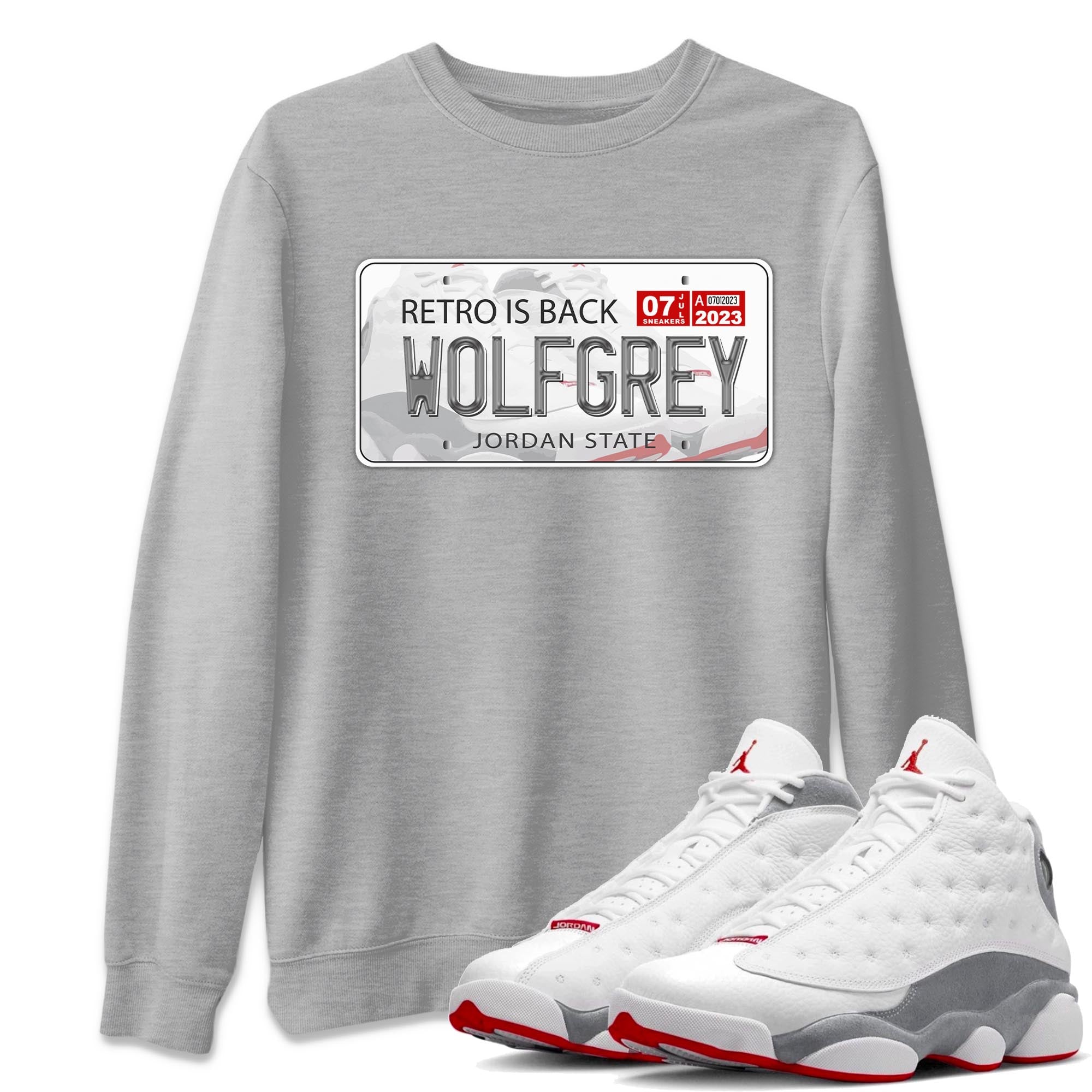 AJ13 Wolf Grey Sneaker Match Tees Jordan Plate Streetwear Sneaker Shirt Air Jordan 13 Wolf Grey Drip Gear Zone Sneaker Matching Clothing Unisex Shirts Heather Grey 1