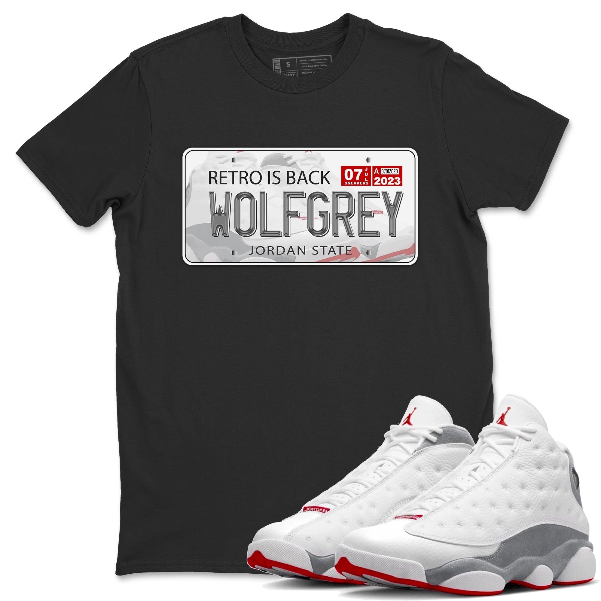 AJ13 Wolf Grey Sneaker Match Tees Jordan Plate Streetwear Sneaker Shirt Air Jordan 13 Wolf Grey Drip Gear Zone Sneaker Matching Clothing Unisex Shirts Black 1