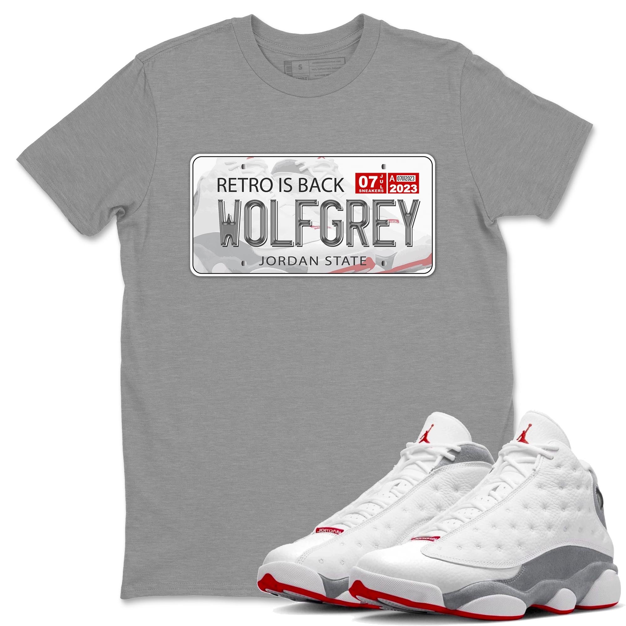 AJ13 Wolf Grey Sneaker Match Tees Jordan Plate Streetwear Sneaker Shirt Air Jordan 13 Wolf Grey Drip Gear Zone Sneaker Matching Clothing Unisex Shirts Heather Grey 1