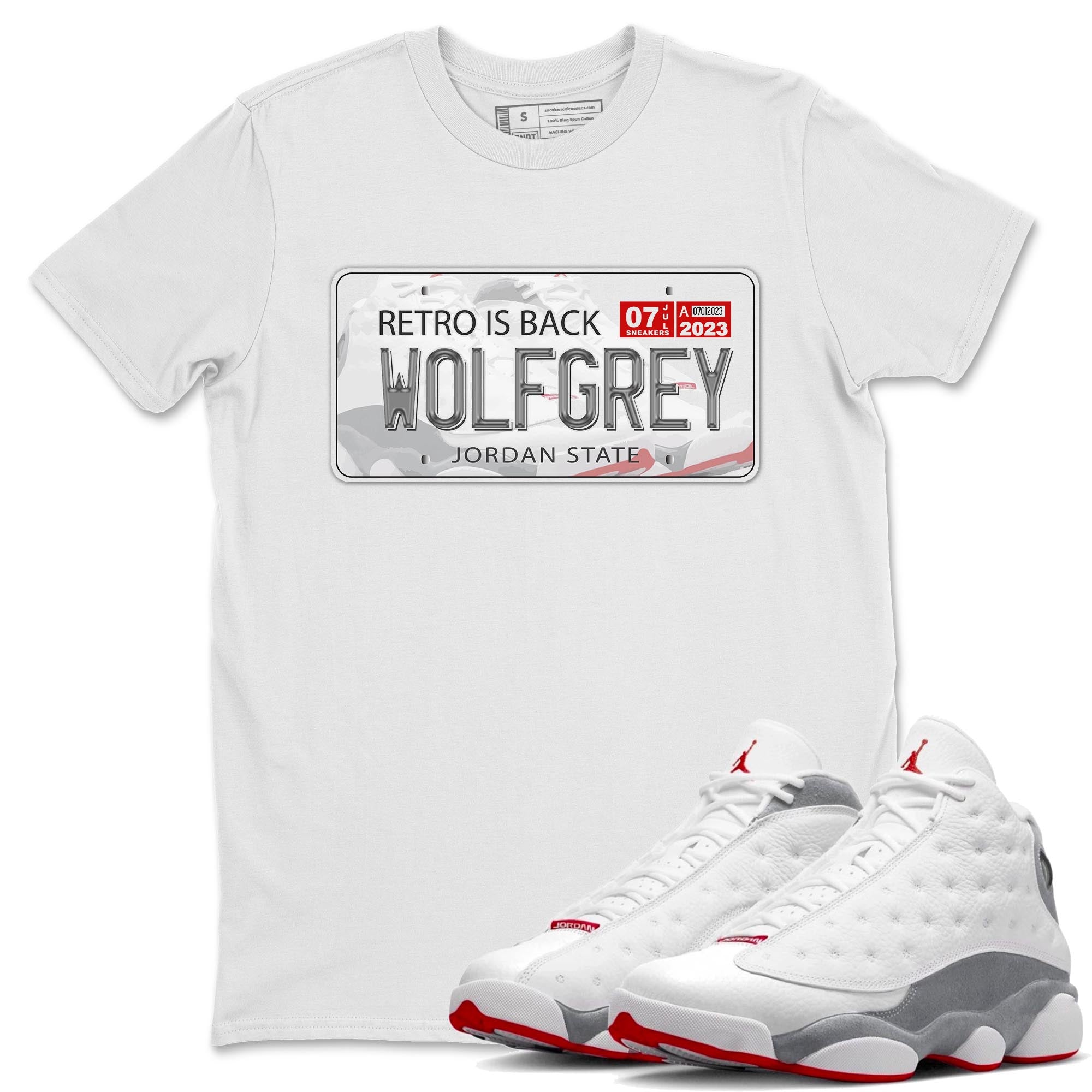 AJ13 Wolf Grey Sneaker Match Tees Jordan Plate Streetwear Sneaker Shirt Air Jordan 13 Wolf Grey Drip Gear Zone Sneaker Matching Clothing Unisex Shirts White 1