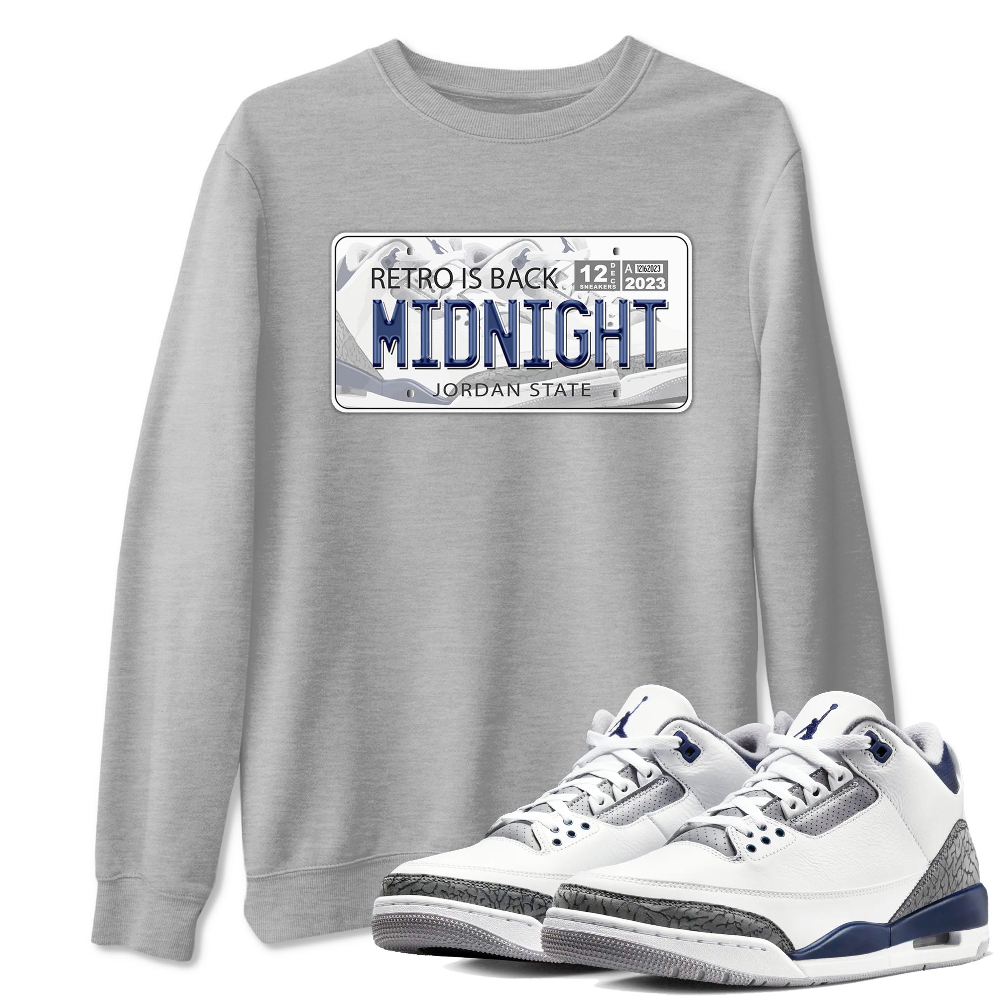 Air Jordan 3 Retro Midnight Navy shirt to match jordans Jordan Plate sneaker shirt 3s Midnight Navy Drip Gear Zone unisex crew neck cotton Heather Grey 1 crew neck shirt