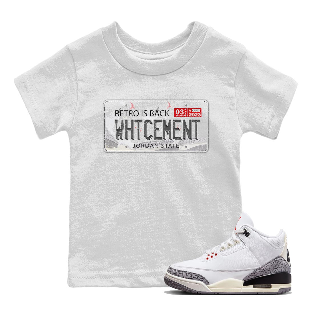 Air Jordan 3 White Cement Sneaker Match Tees Jordan Plate Streetwear Sneaker Shirt AJ 3s White Cement Sneaker Release Tees Kids Shirts White 1