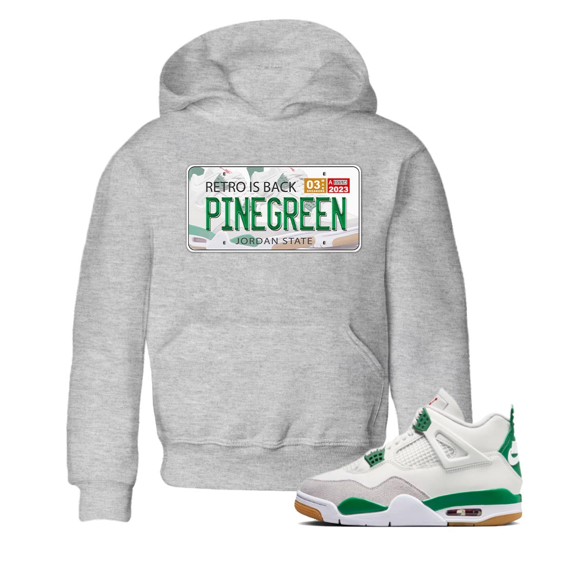 Air Jordan 4 Pine Green Sneaker Match Tees Jordan Plate Streetwear Sneaker Shirt AJ 4s Pine Green Sneaker Release Tees Kids Shirts Heather Grey 1