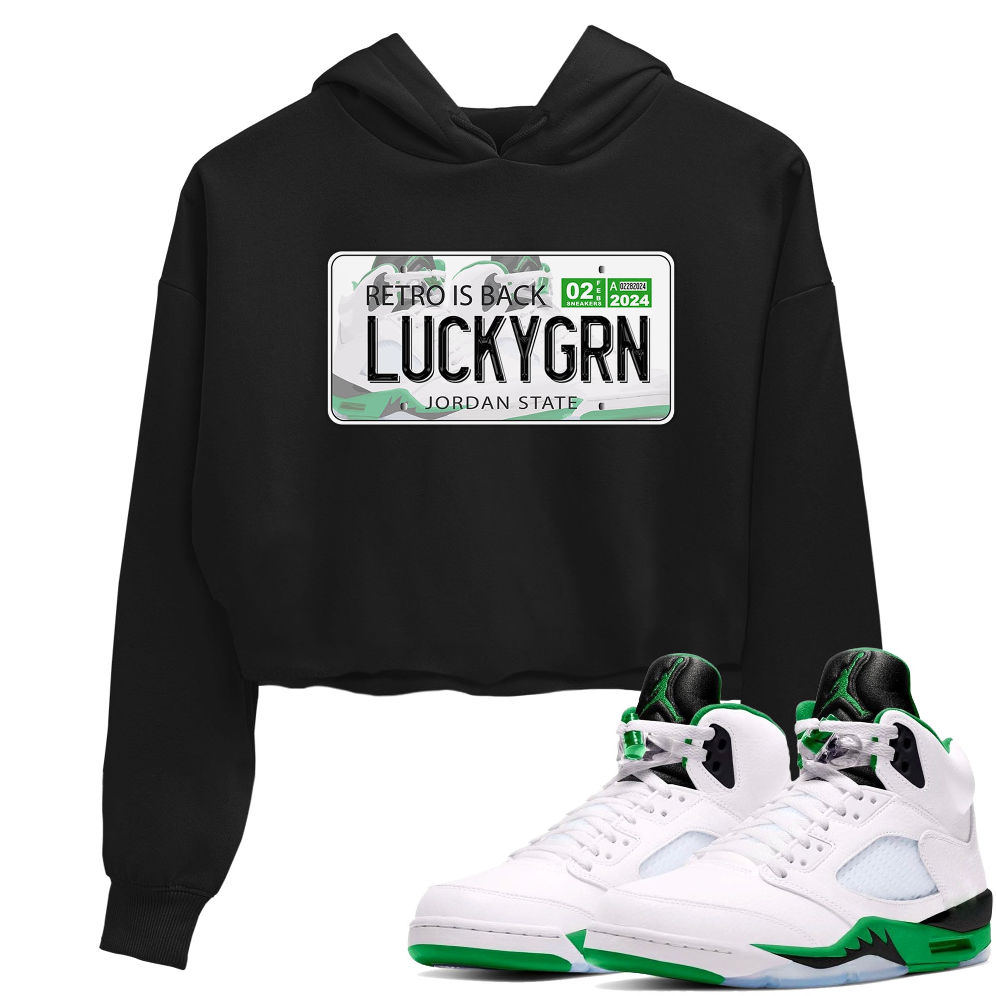 5s Lucky Green shirt to match jordans Jordan Plate sneaker tees Air Jordan 5 Lucky Green Drip Gear Zone Black 1 crop length shirt