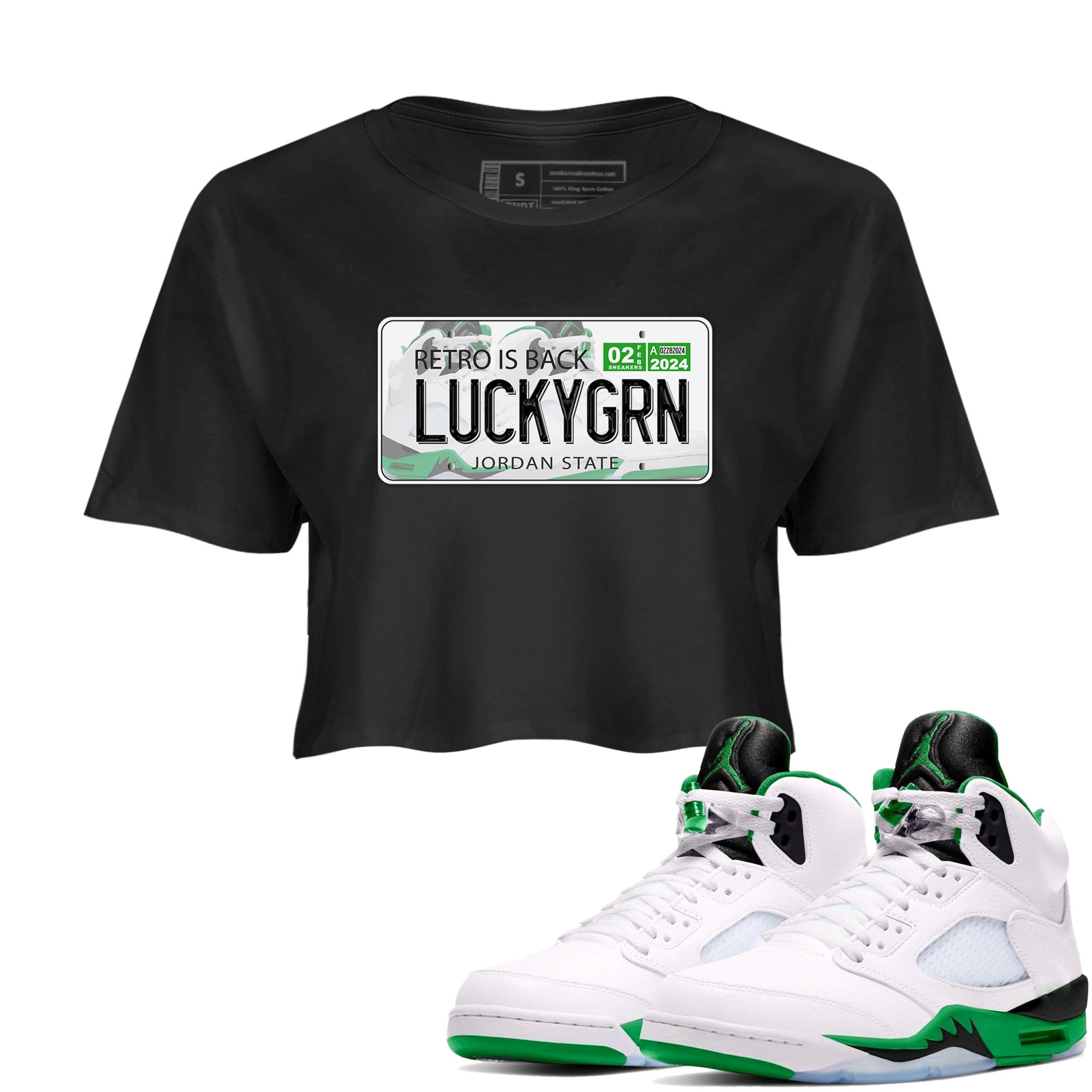 5s Lucky Green shirt to match jordans Jordan Plate sneaker tees Air Jordan 5 Lucky Green Drip Gear Zone Black 1 crop length shirt