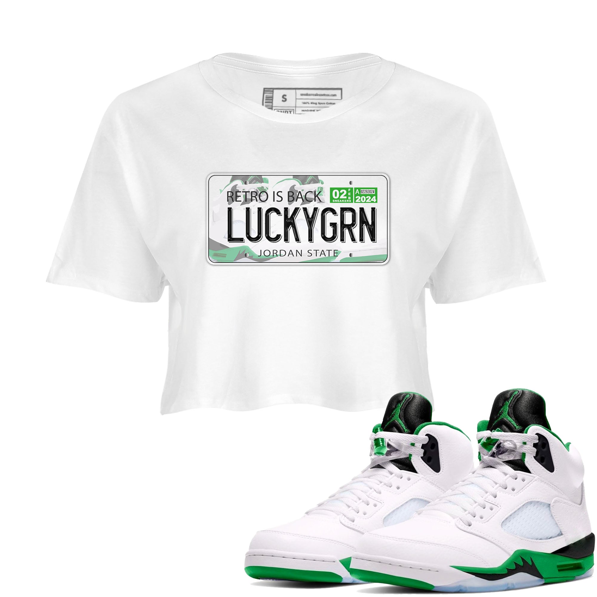 5s Lucky Green shirt to match jordans Jordan Plate sneaker tees Air Jordan 5 Lucky Green Drip Gear Zone White 1 crop length shirt