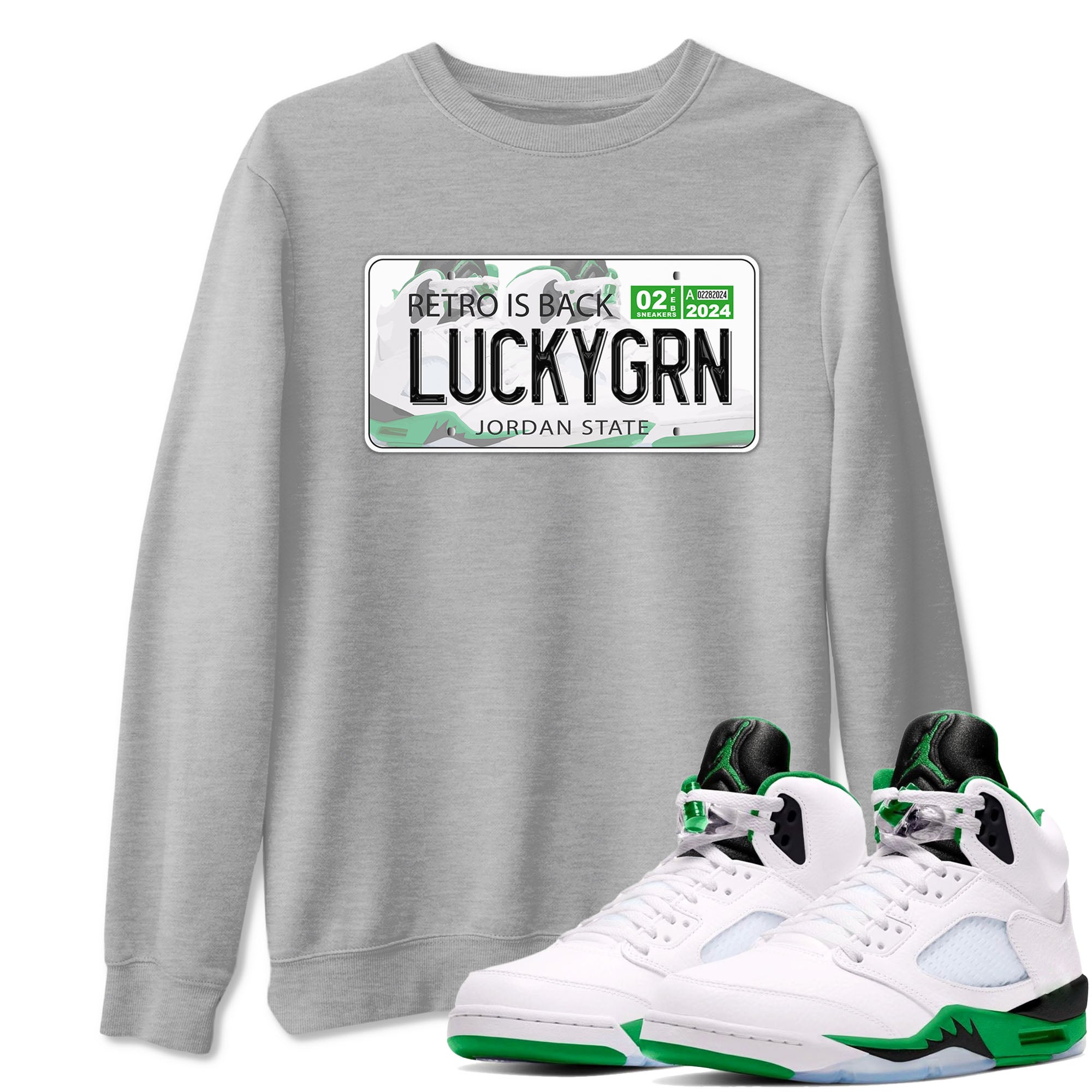 5s Lucky Green shirt to match jordans Jordan Plate sneaker tees Air Jordan 5 Lucky Green Drip Gear Zone unisex cotton Heather Grey 1 crew neck shirt