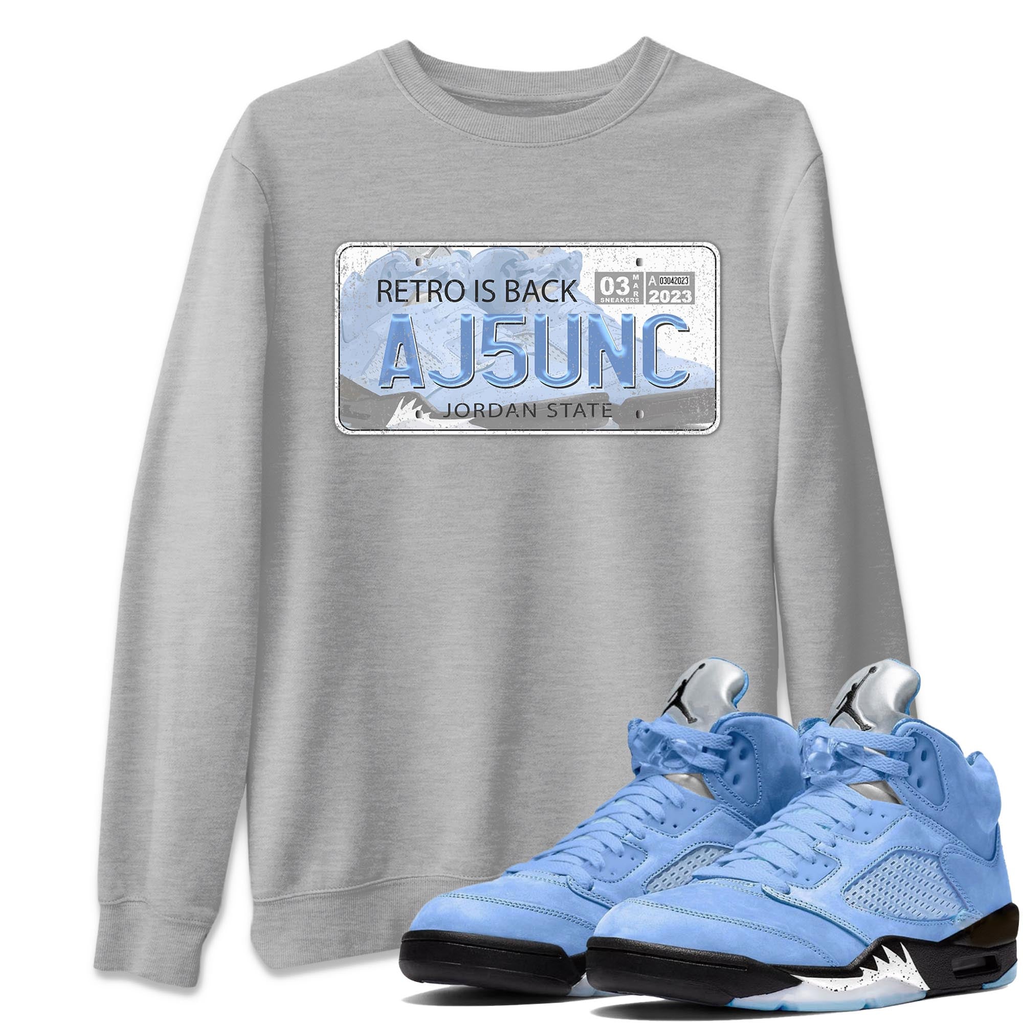 Air Jordan 5 UNC Sneaker Match Tees Jordan Plate Streetwear Sneaker Shirt AJ 5s UNC Sneaker Release Tees Unisex Shirts Heather Grey 1