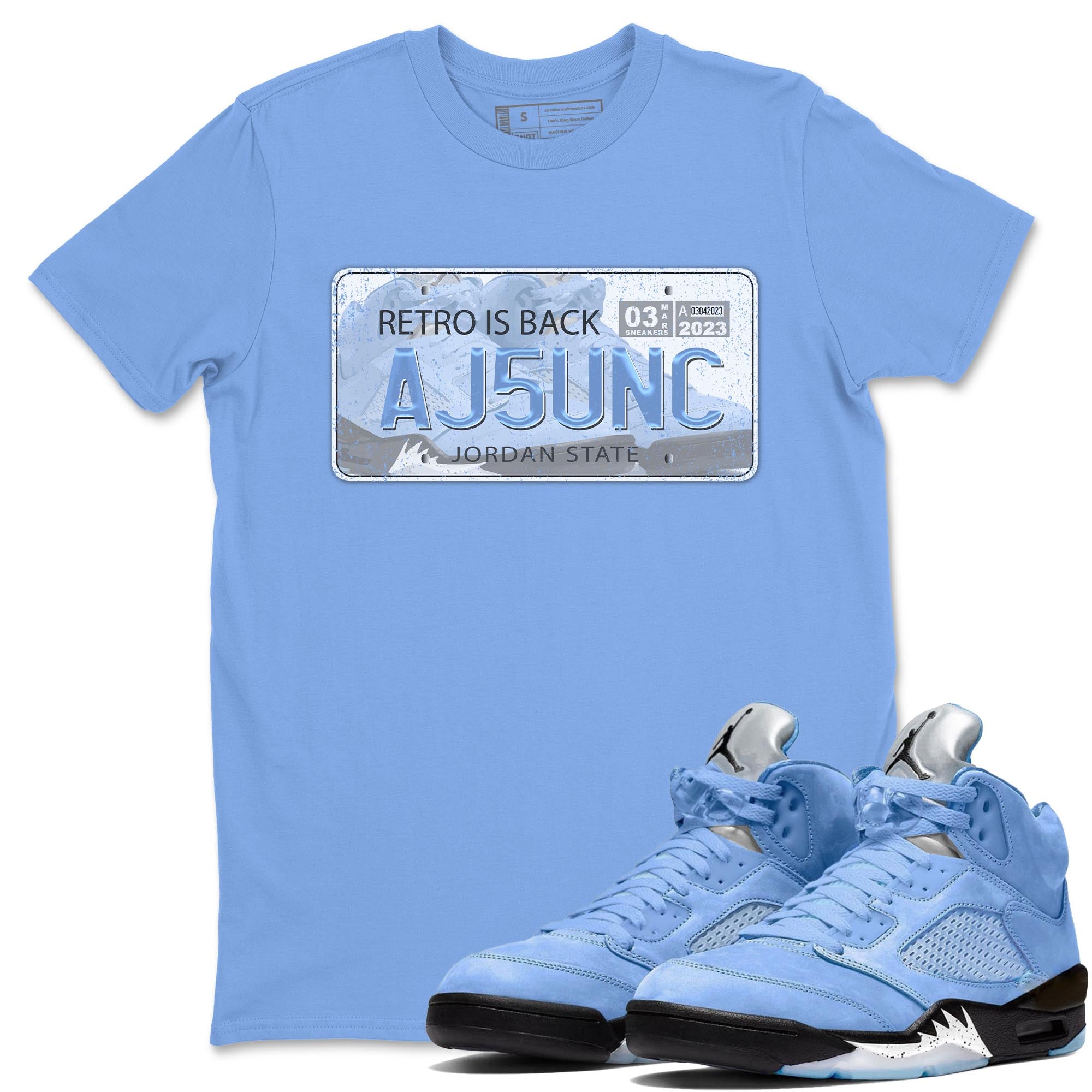 Air Jordan 5 UNC Jordan Plate Crew Neck Streetwear Sneaker Shirt AJ 5s UNC Sneaker T-Shirts Size Chart