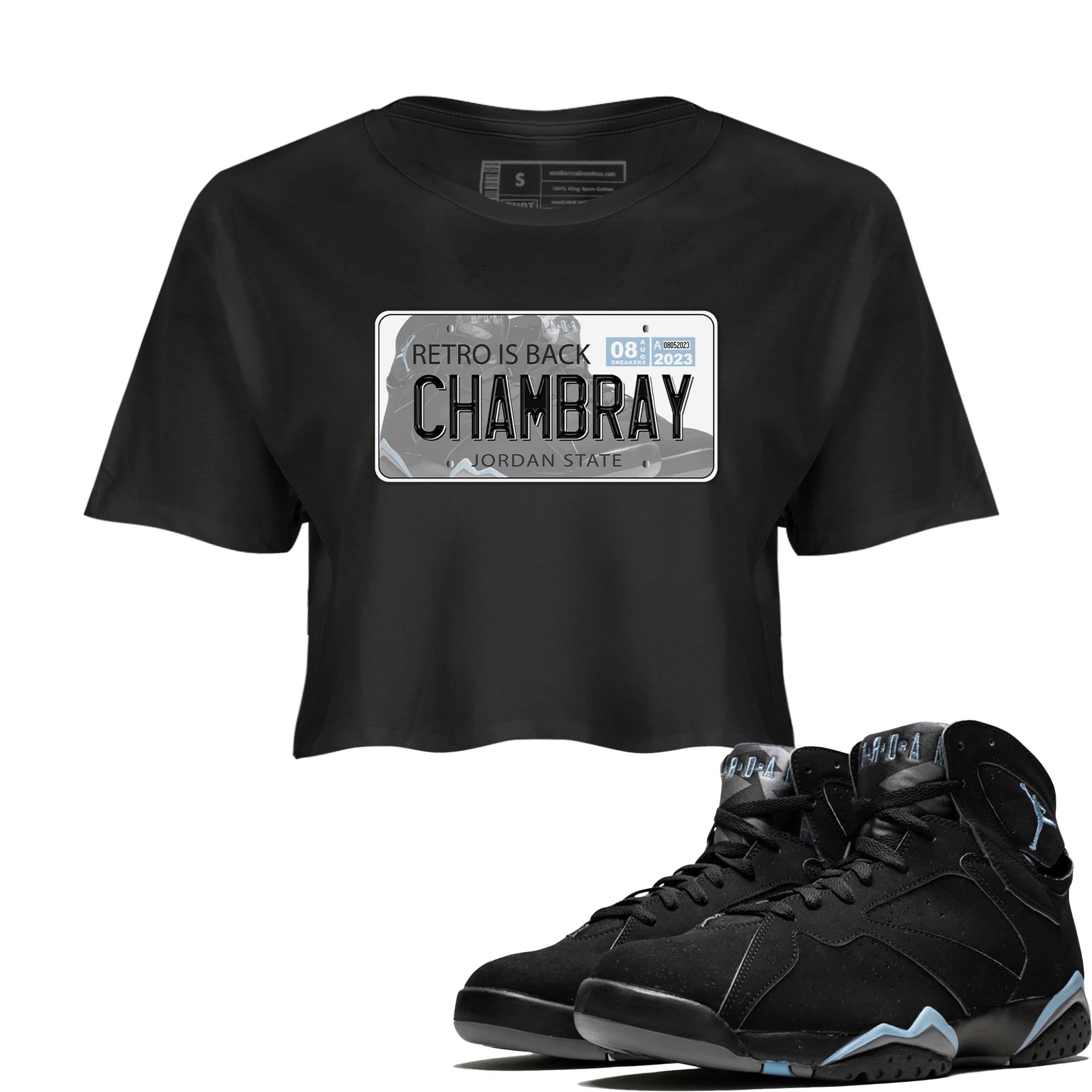 Air Jordan 7 Chambray shirt to match jordans Jordan Plate Streetwear Sneaker Shirt AJ7 Chambray Drip Gear Zone Sneaker Matching Clothing Black 1 Crop T-Shirt
