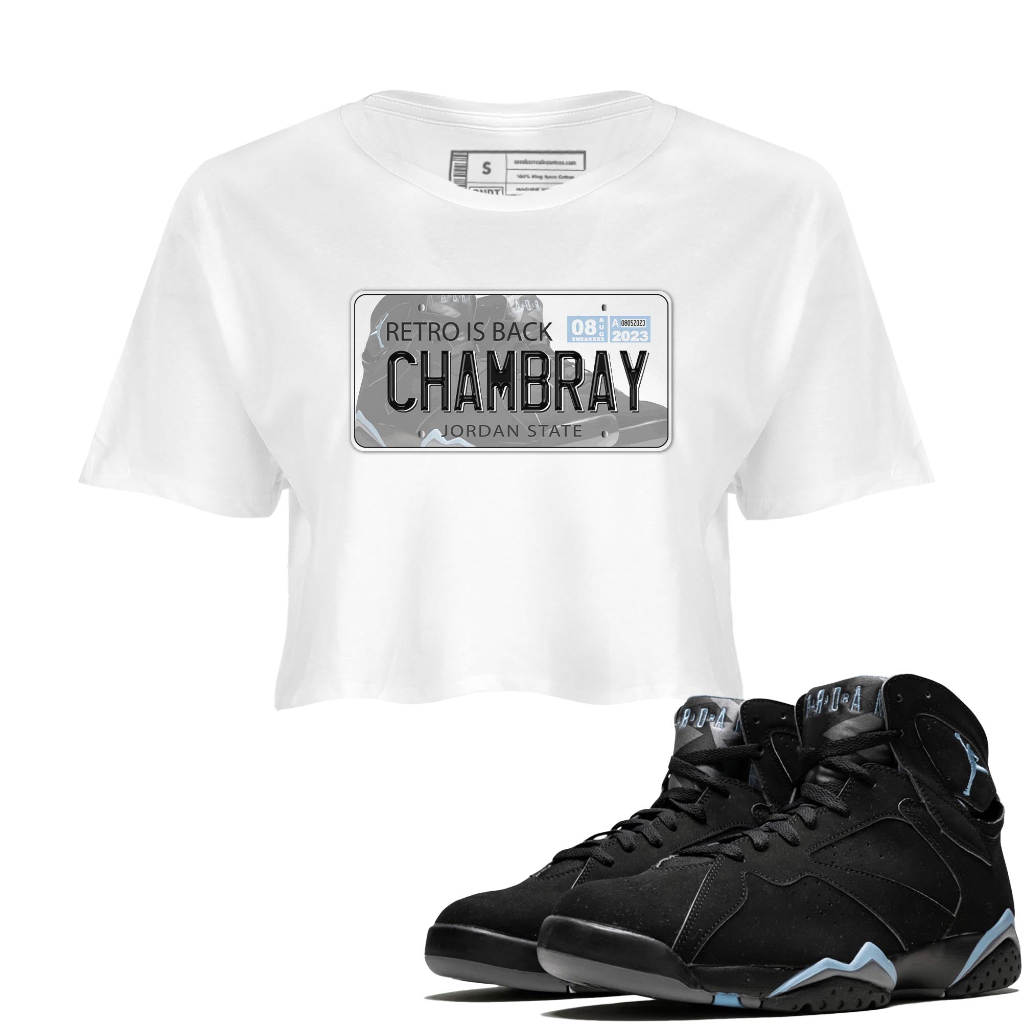 Air Jordan 7 Chambray shirt to match jordans Jordan Plate Streetwear Sneaker Shirt AJ7 Chambray Drip Gear Zone Sneaker Matching Clothing White 1 Crop T-Shirt