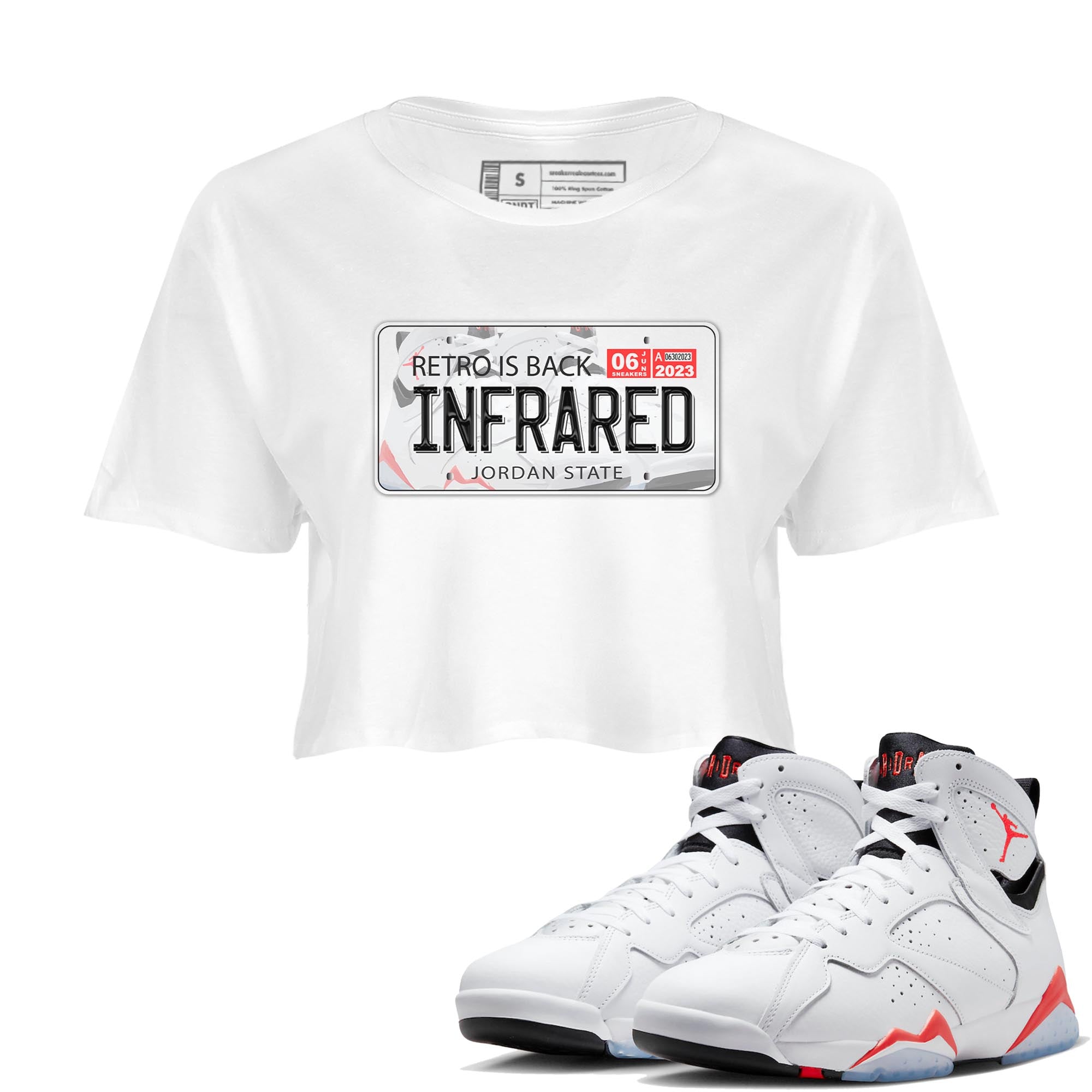 Air Jordan 7 White Infrared shirt to match jordans Jordan Plate Streetwear Sneaker Shirt White Infrared 7s Drip Gear Zone Sneaker Matching Clothing White 1 Crop T-Shirt