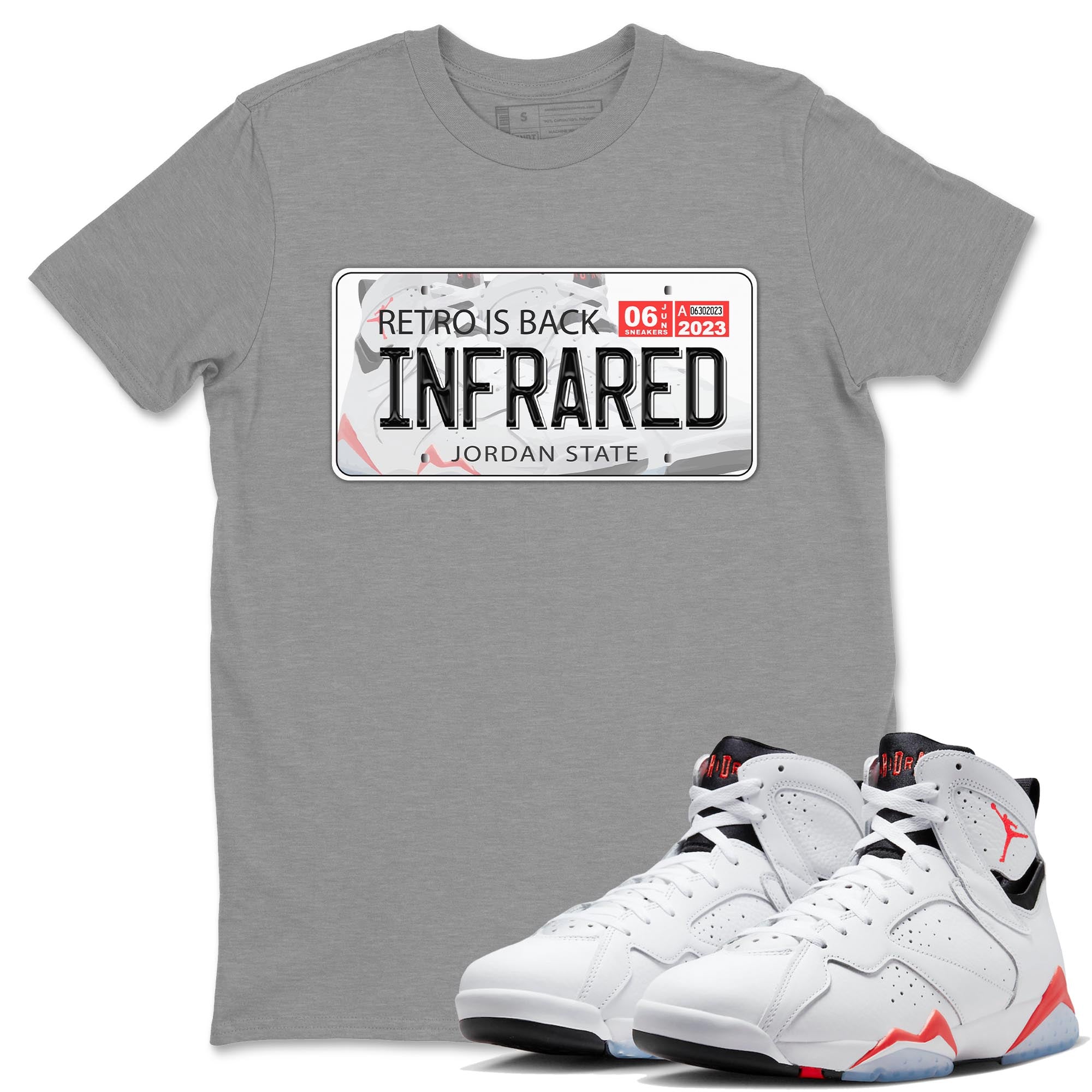 Air Jordan 7 White Infrared shirt to match jordans Jordan Plate Streetwear Sneaker Shirt White Infrared 7s Drip Gear Zone Sneaker Matching Clothing Unisex Heather Grey 1 T-Shirt