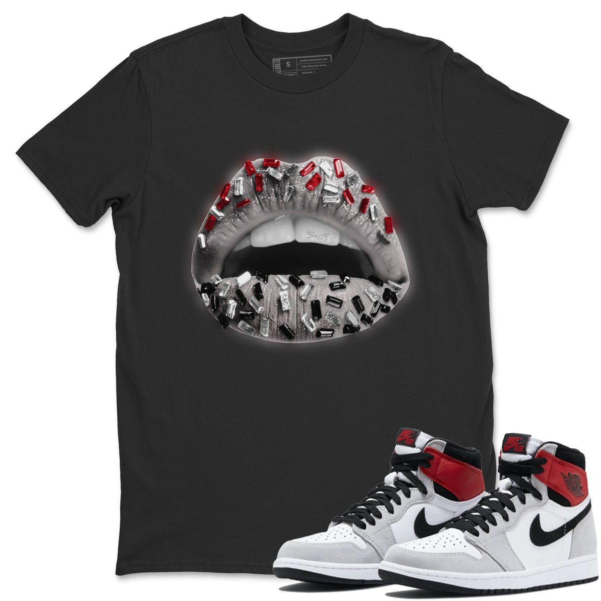 Jordan 1 Smoke Grey Sneaker Matching T-Shirt Lips Jewel Sneaker Tees Jordan 1 Smoke Grey Sneaker Release Tees Crew Neck Tees
