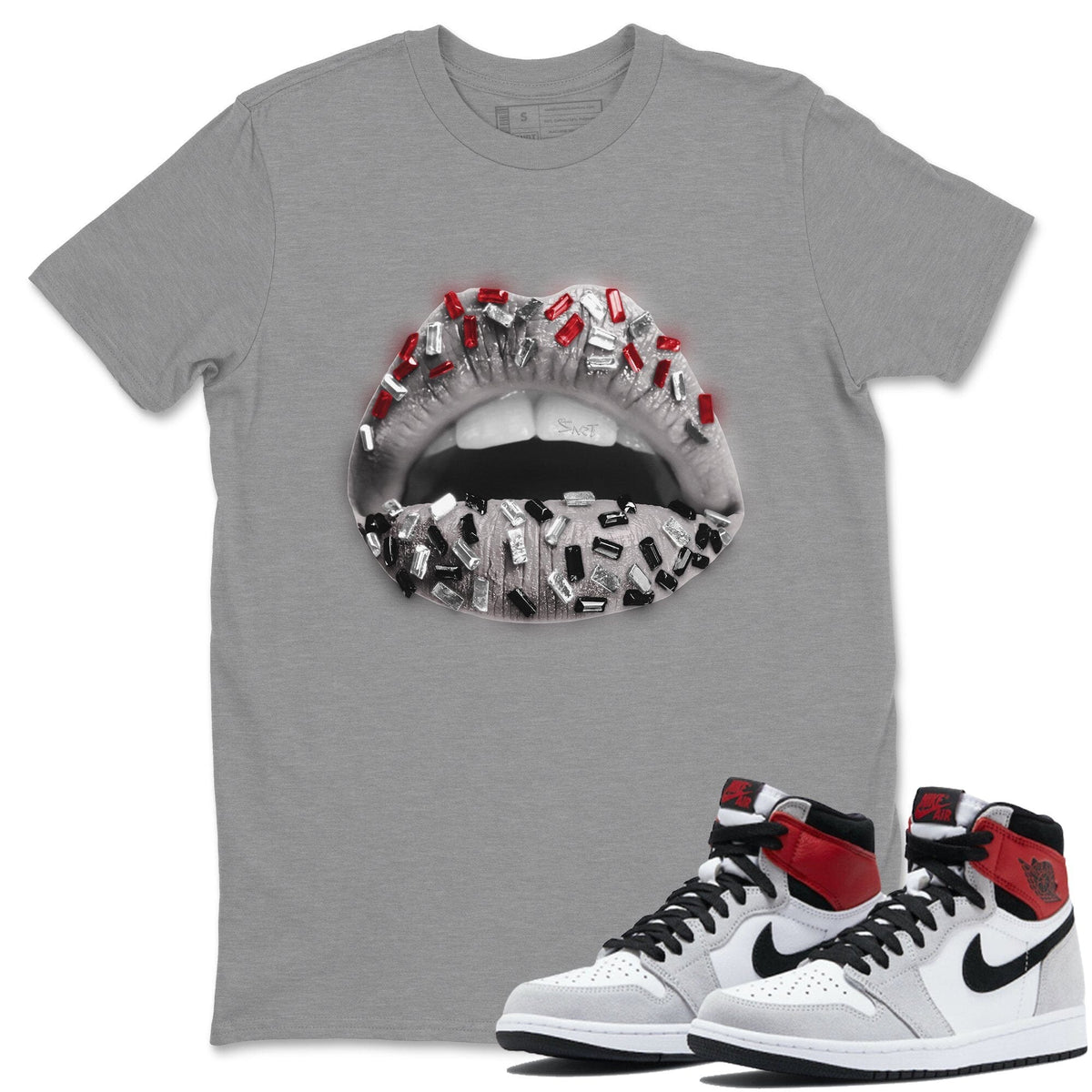 Jordan 1 Smoke Grey Sneaker Matching T-Shirt Lips Jewel Sneaker Tees Jordan 1 Smoke Grey Sneaker Release Tees Crew Neck Tees