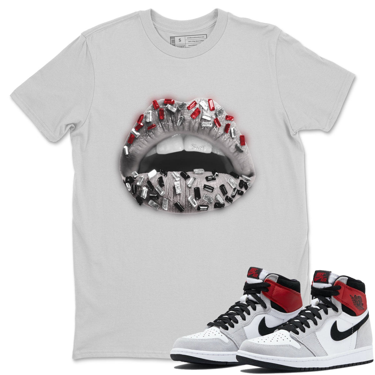 Jordan 1 Smoke Grey Sneaker Matching T-Shirt Lips Jewel Sneaker Tees Jordan 1 Smoke Grey Sneaker Release Tees Crew Neck Tees