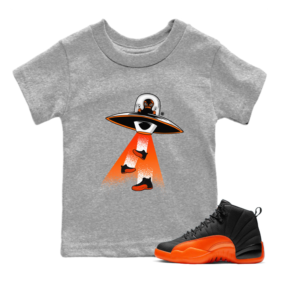 Air Jordan 12 Brilliant Orange Sneaker Match Tees Alien Thief Streetwear Sneaker Shirt 12s Brilliant Orange Tee Kids Shirts Heather Grey 1