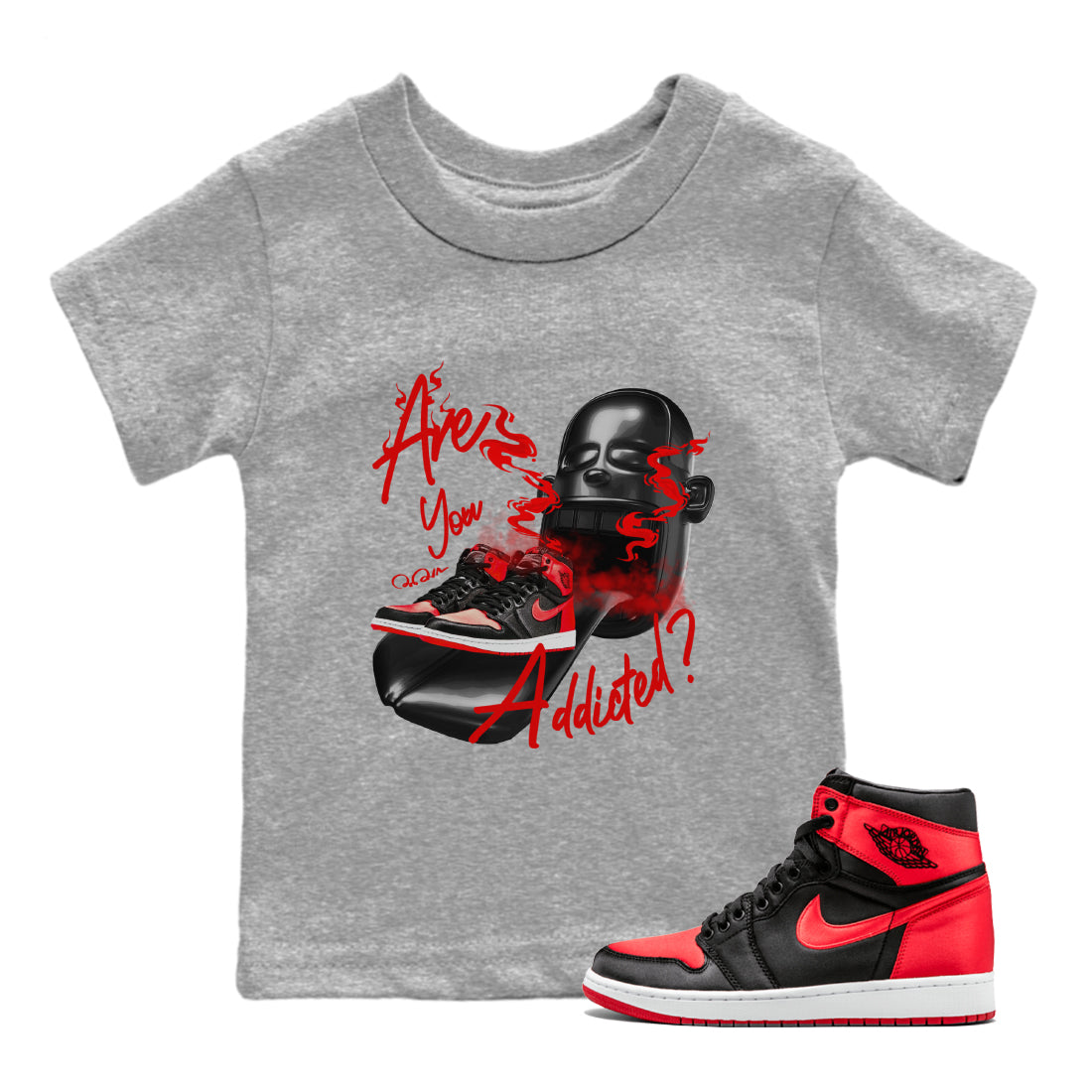 Air Jordan 1 Satin Bred Sneaker Match Tees Are You Addicted Streetwear Sneaker Shirt AJ1 Satin Bred Sneaker Release Tees Kids Shirts Heather Grey 1