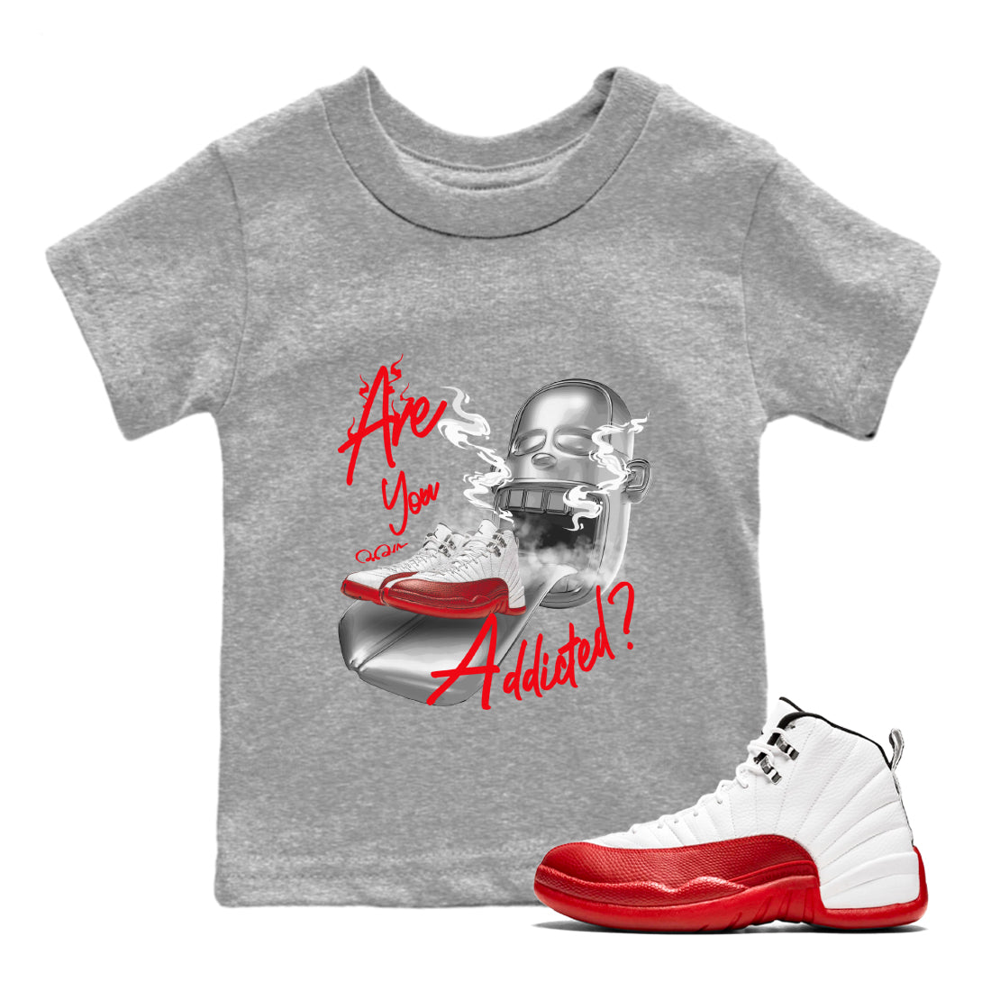 Air Jordan 12 Cherry Sneaker Match Tees Are You Addicted Streetwear Sneaker Shirt AJ12 Cherry Sneaker Release Tees Kids Shirts Heather Grey 1