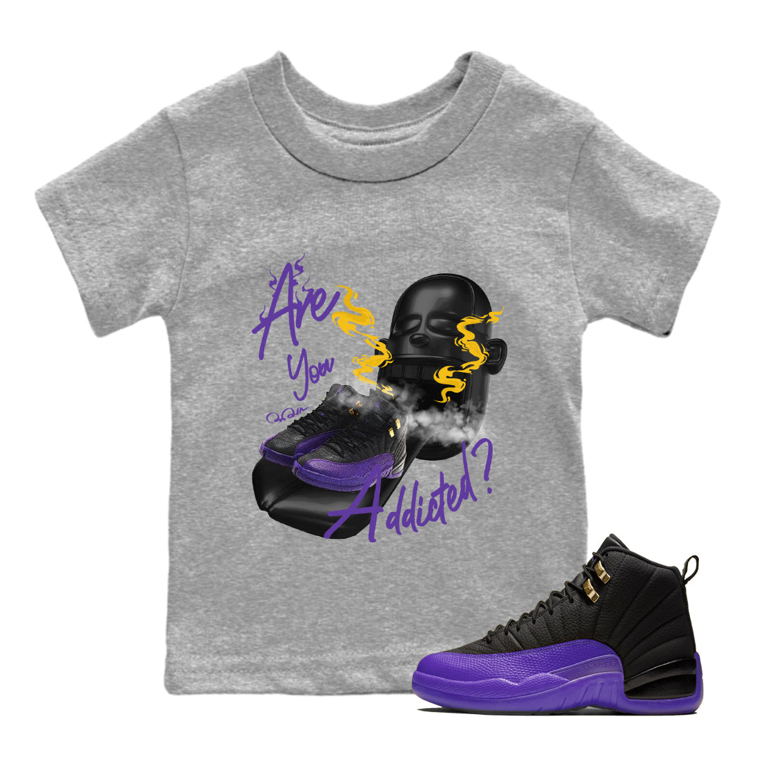 Air Jordan 12 Field Purple Sneaker Match Tees Are You Addicted Streetwear Sneaker Shirt AJ12 Field Purple Sneaker Release Tees Kids Shirts Heather Grey 1