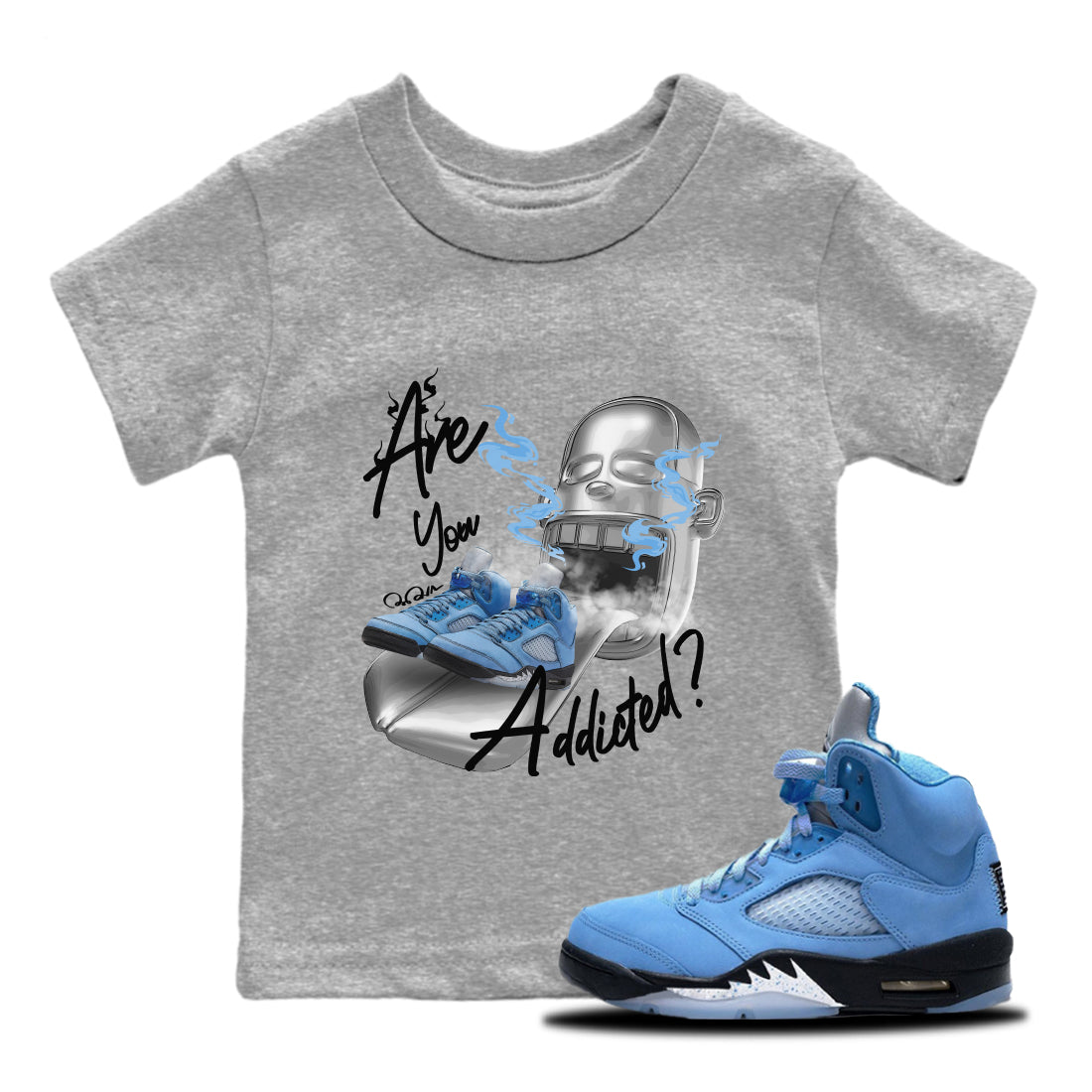 Air Jordan 5 UNC Sneaker Match Tees Are You Addicted Streetwear Sneaker Shirt AJ5 UNC Sneaker Release Tees Kids Shirts Heather Grey 1