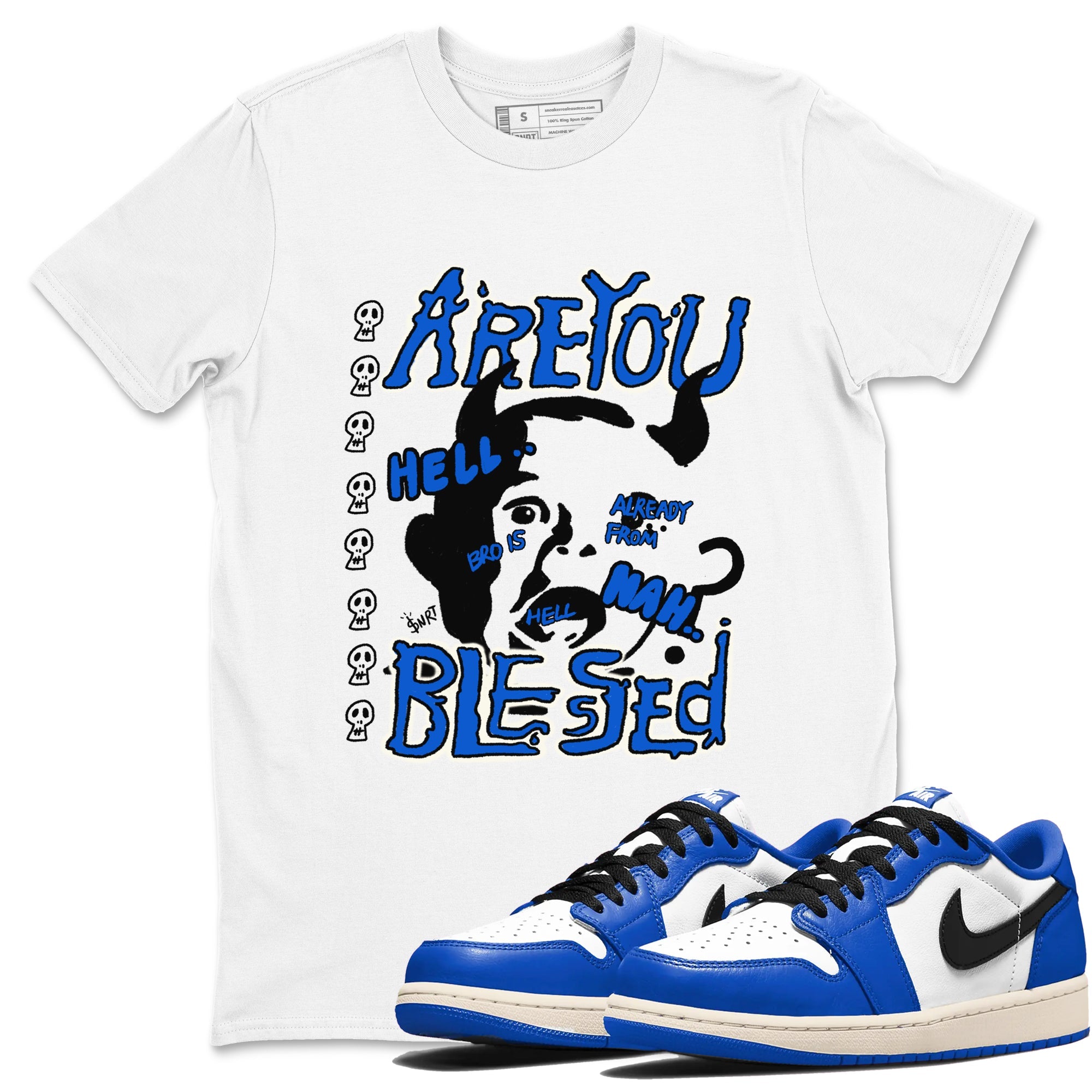 AJ1 Game Royal shirt to match jordans Are You Blessed sneaker tees AJ1 Game Royal Drip Gear Zone unisex cotton White 1 crew neck shirt