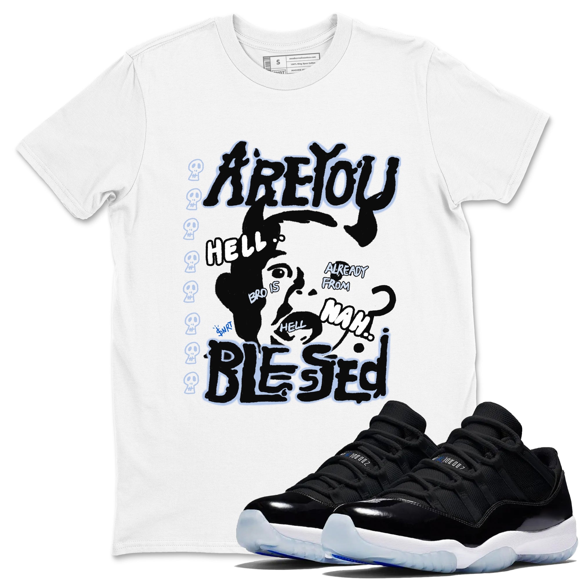 11s Low Space shirt to match jordans Are You Blessed sneaker tees Air Jordan 11 Low Space Drip Gear Zone unisex cotton White 1 crew neck shirt