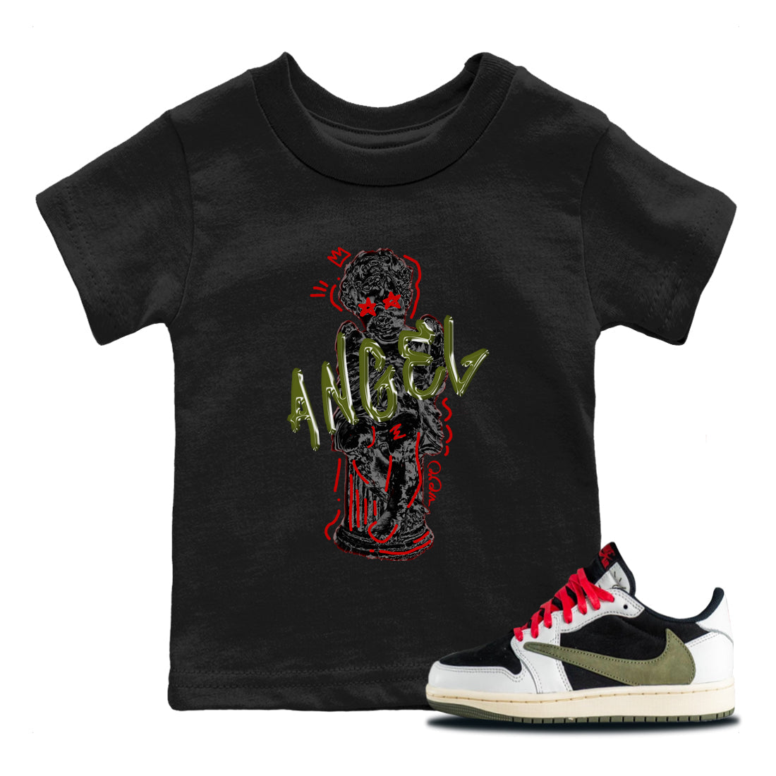 Air Jordan 1 Travis Scott Olive Sneaker Match Tees Baby Angel Streetwear Sneaker Shirt AJ1 OG Travis Scott Olive Sneaker Release Tees Kids Shirts Black 1