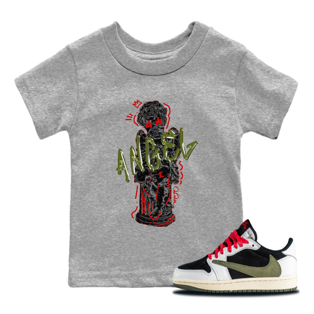 Air Jordan 1 Travis Scott Olive Sneaker Match Tees Baby Angel Streetwear Sneaker Shirt AJ1 OG Travis Scott Olive Sneaker Release Tees Kids Shirts Heather Grey 1