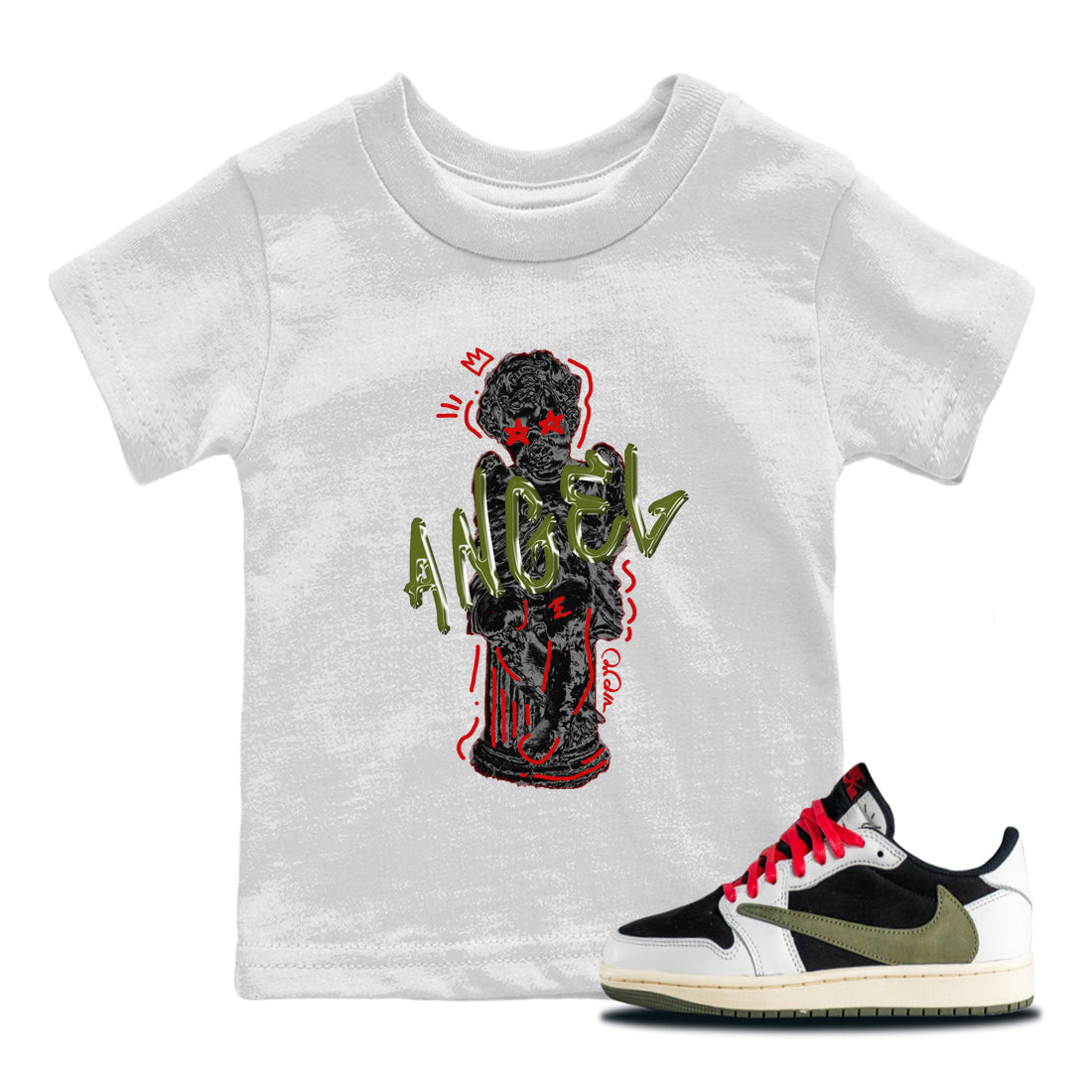 Air Jordan 1 Travis Scott Olive Sneaker Match Tees Baby Angel Streetwear Sneaker Shirt AJ1 OG Travis Scott Olive Sneaker Release Tees Kids Shirts White 1