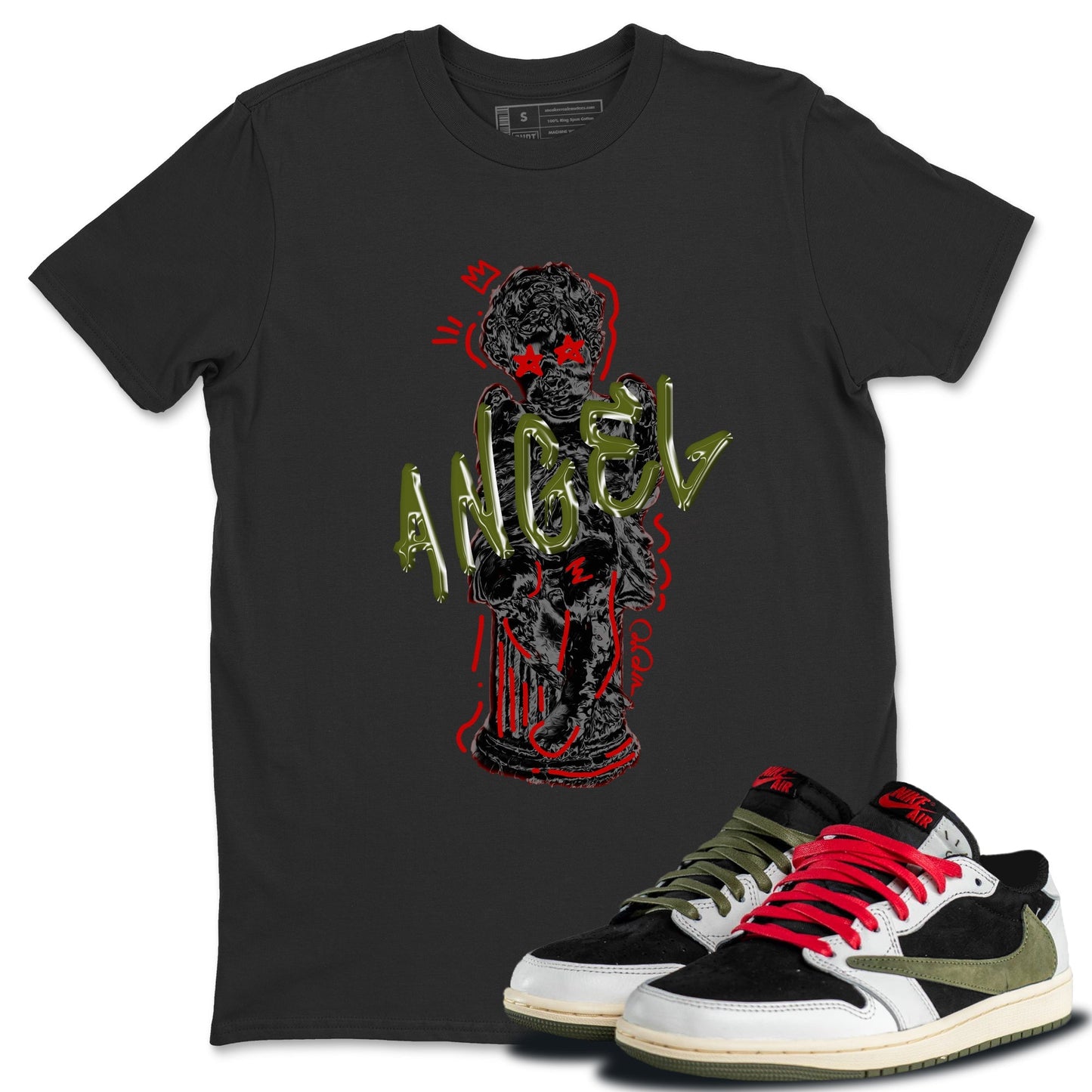 Air Jordan 1 Travis Scott Olive Sneaker Match Tees Baby Angel Streetwear Sneaker Shirt AJ1 OG Travis Scott Olive Sneaker Release Tees Unisex Shirts Black 1