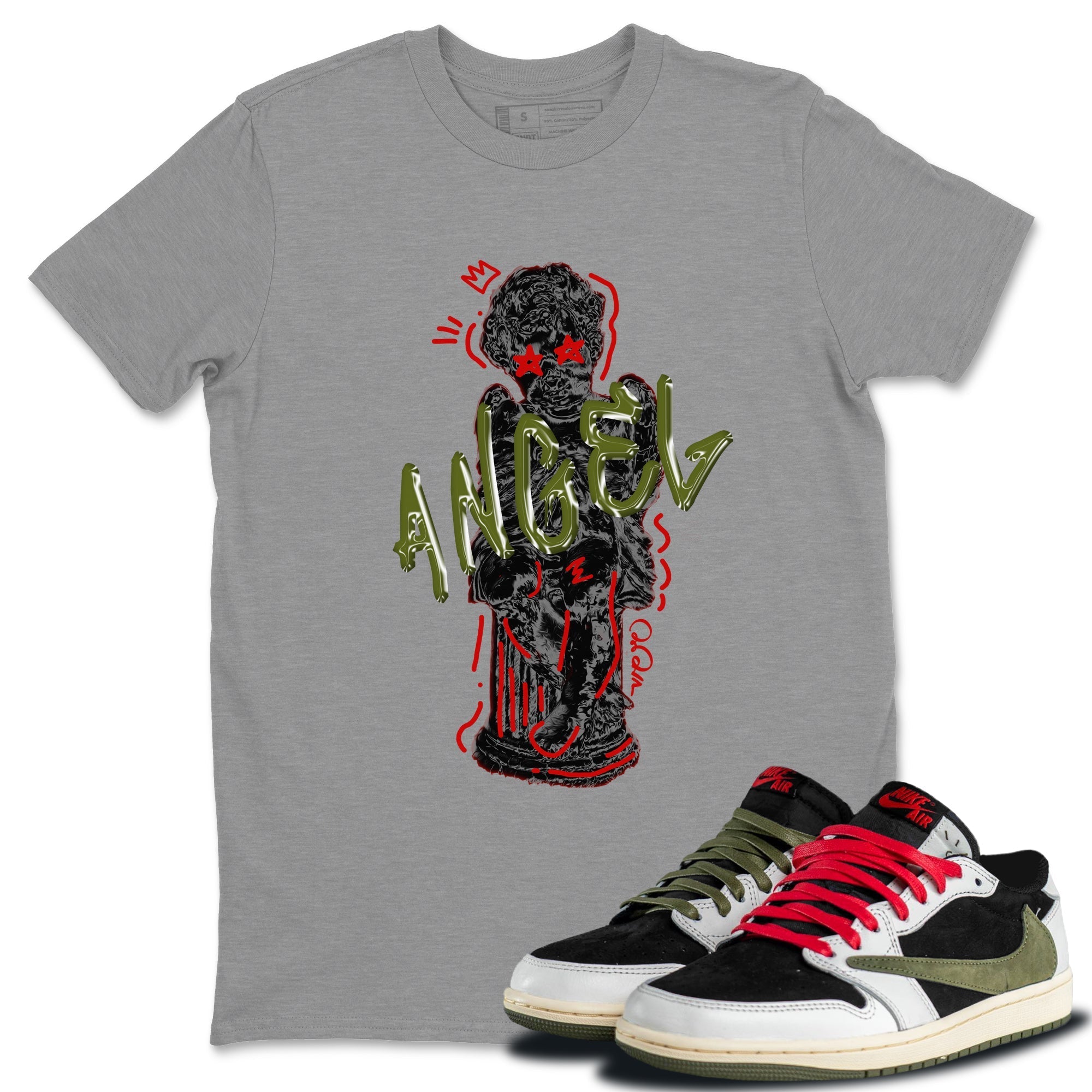 Air Jordan 1 Travis Scott Olive Sneaker Match Tees Baby Angel Streetwear Sneaker Shirt AJ1 OG Travis Scott Olive Sneaker Release Tees Unisex Shirts Heather Grey 1
