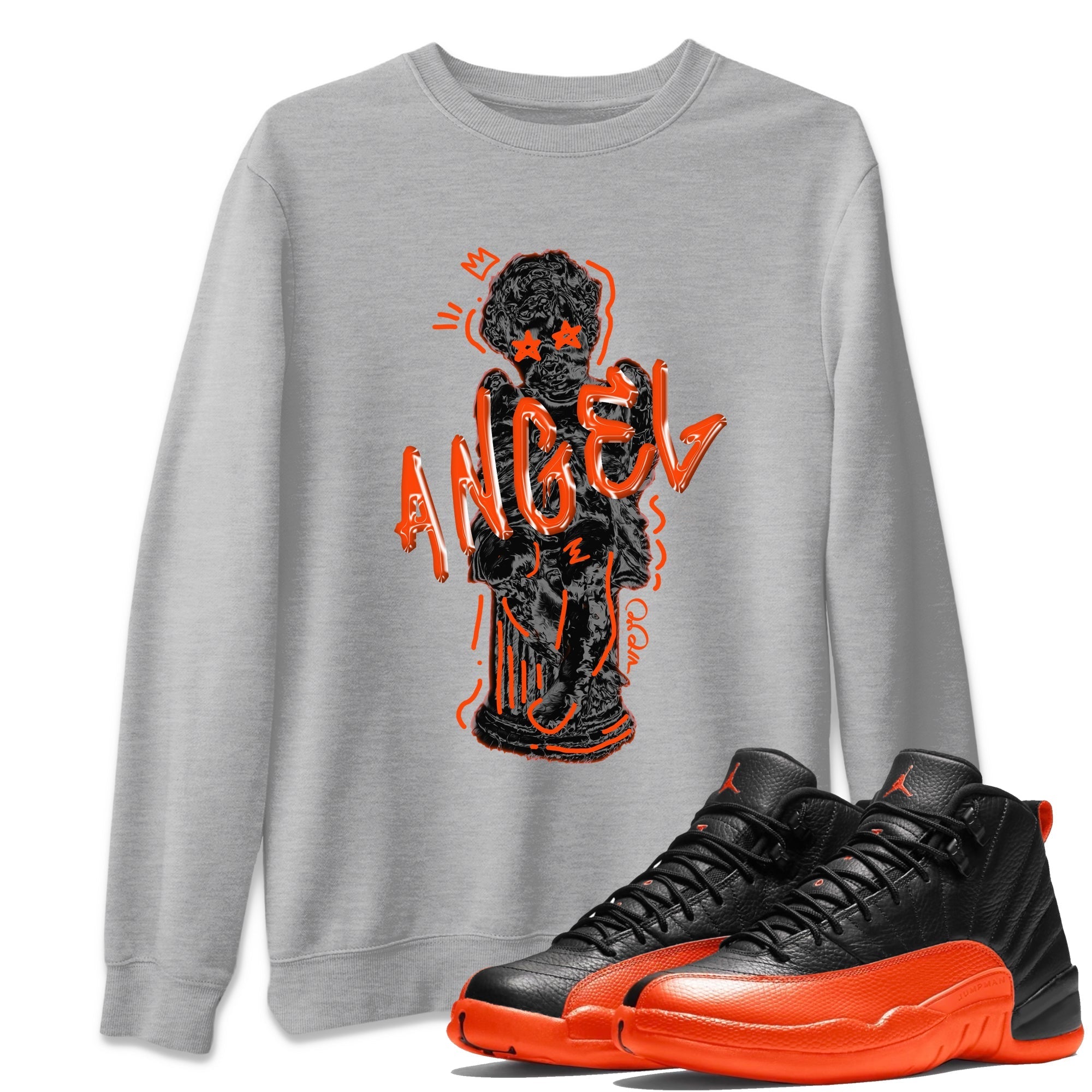 Air Jordan 12 Brilliant Orange Sneaker Match Tees Baby Angel Streetwear Sneaker Shirt AJ12 Brilliant Orange Sneaker Release Tees Unisex Shirts Heather Grey 1