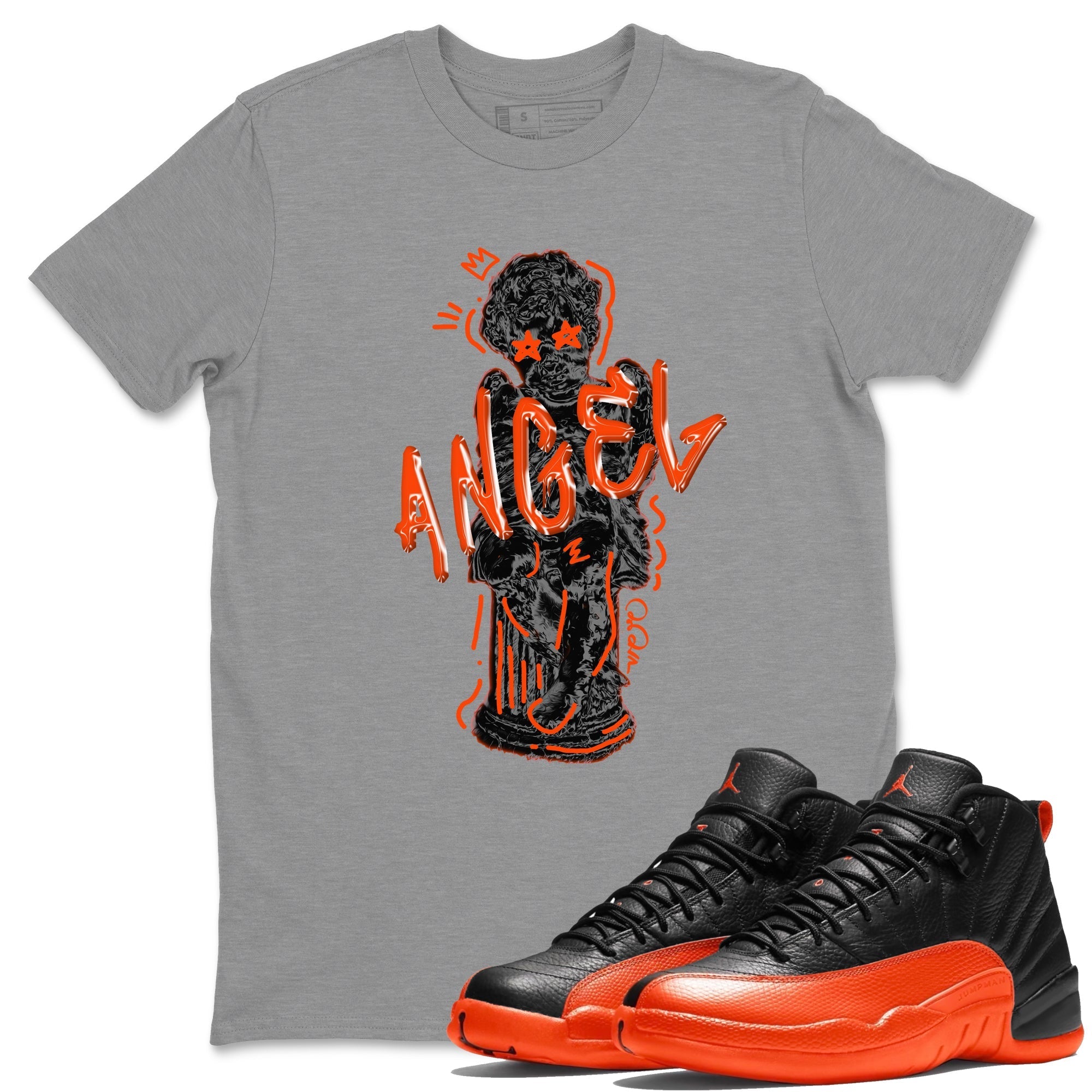 Air Jordan 12 Brilliant Orange Sneaker Match Tees Baby Angel Streetwear Sneaker Shirt AJ12 Brilliant Orange Sneaker Release Tees Unisex Shirts Heather Grey 1