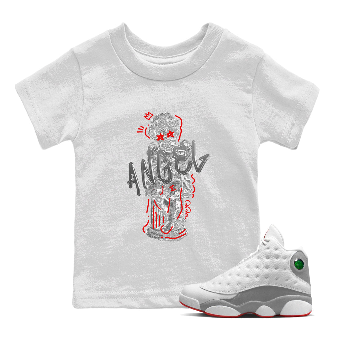 Air Jordan 13 Wolf Grey Sneaker Match Tees Baby Angel Streetwear Sneaker Shirt AJ13 Wolf Grey Sneaker Release Tees Kids Shirts White 1